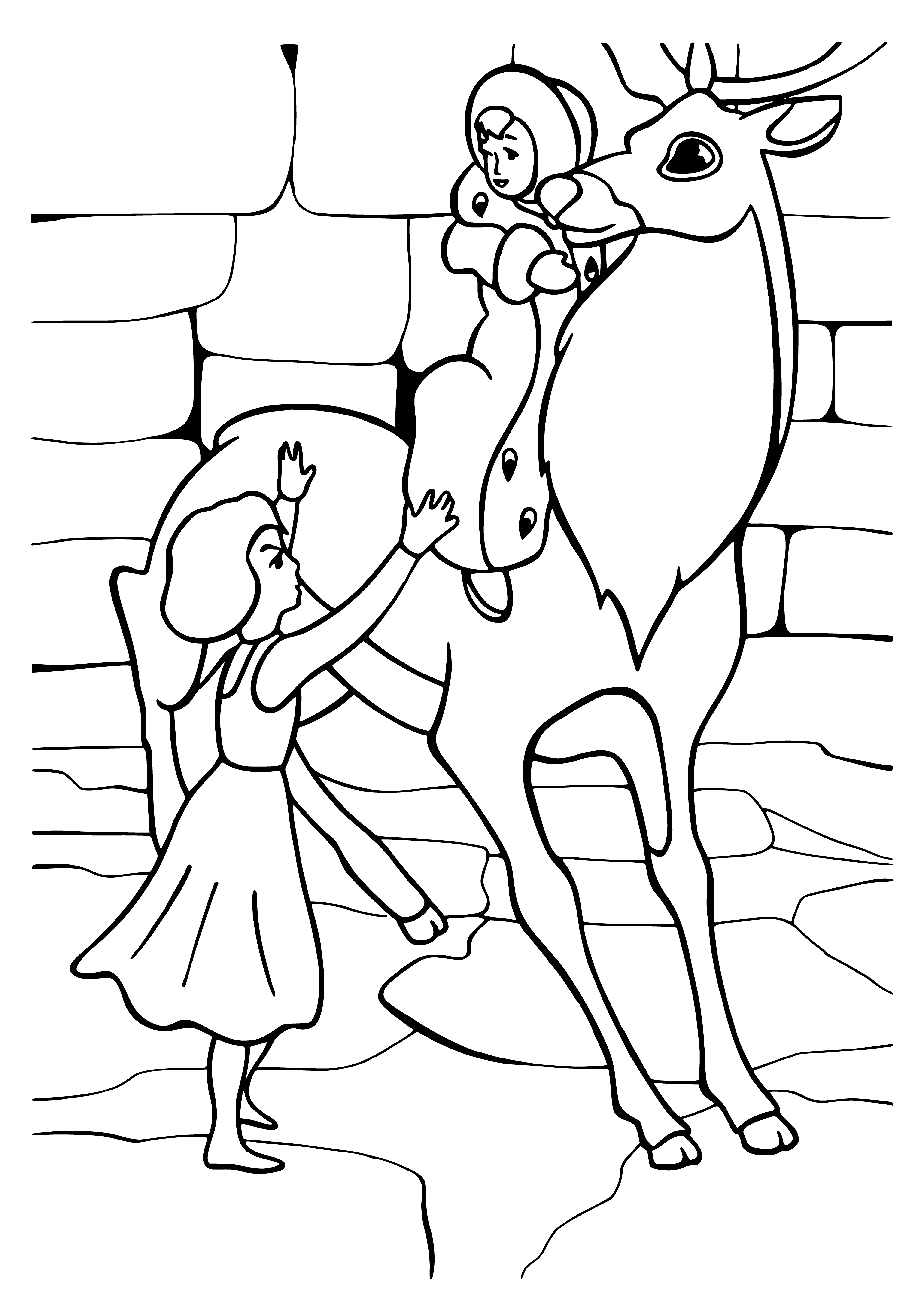 coloring page: Girl w/ red scarf & stick standing in front of snowman looks mischievous. Ready to hit snowman?