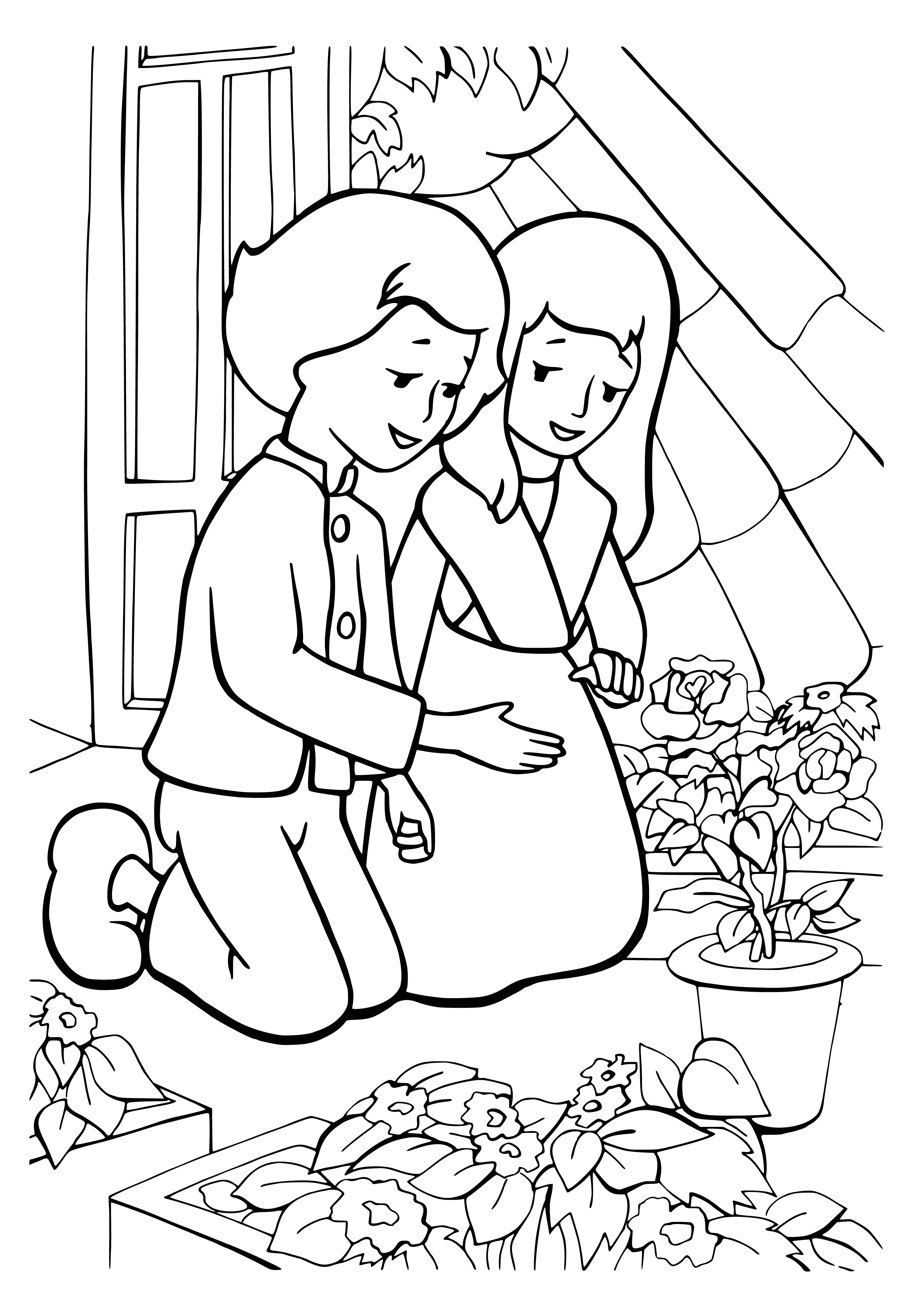 coloring page: Boy and girl look sadly at something off to the side. Girl has blonde hair, wearing a white dress; boy has dark hair, wearing a blue coat. #coloringpage