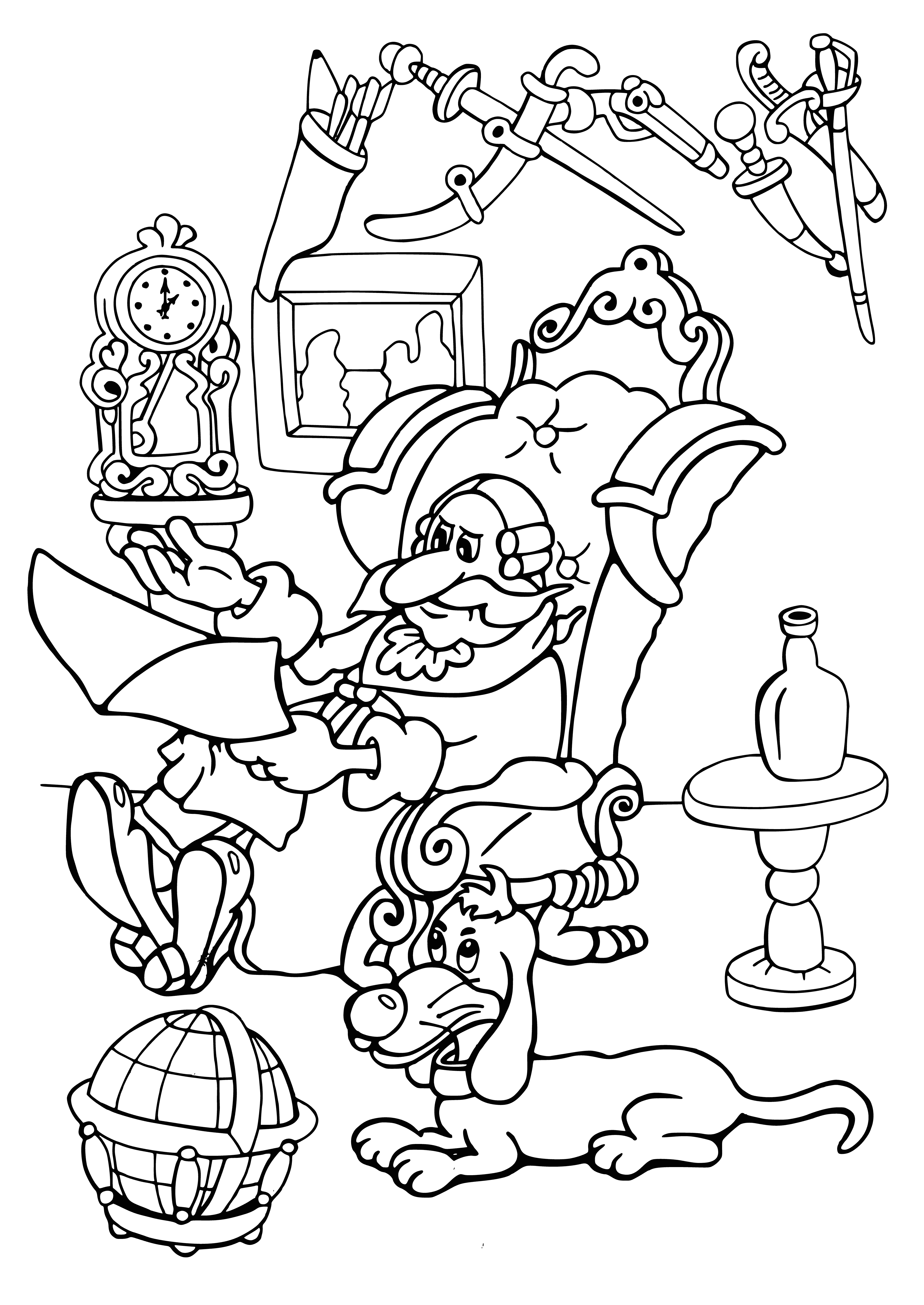 coloring page: Group of people gathered in tavern, listening to storyteller in red cape/black hat, being refilled with ale by a boy.
