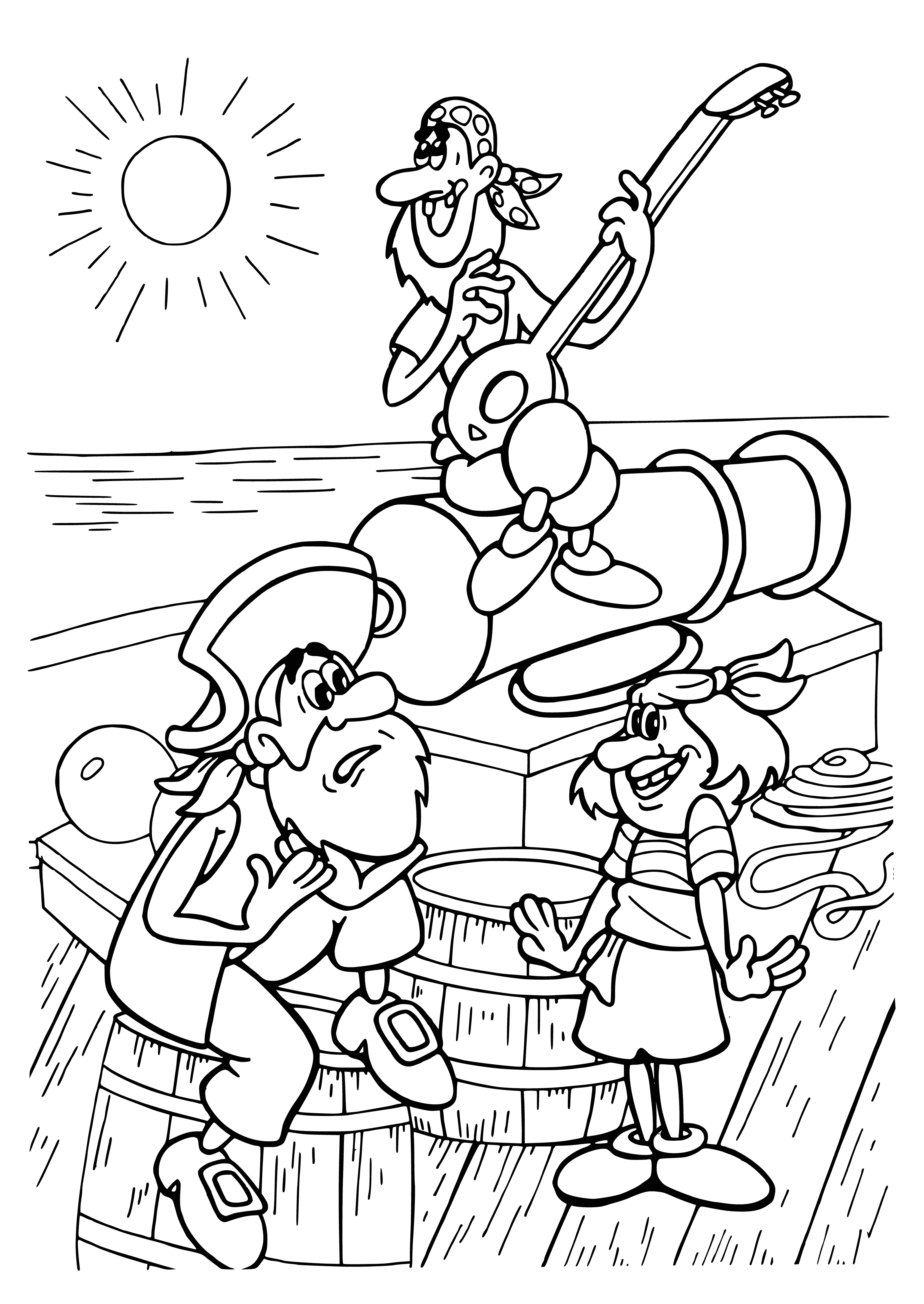 coloring page: Pirates on a ship search for treasure on a map - one has a patch over his eye. #PirateLife