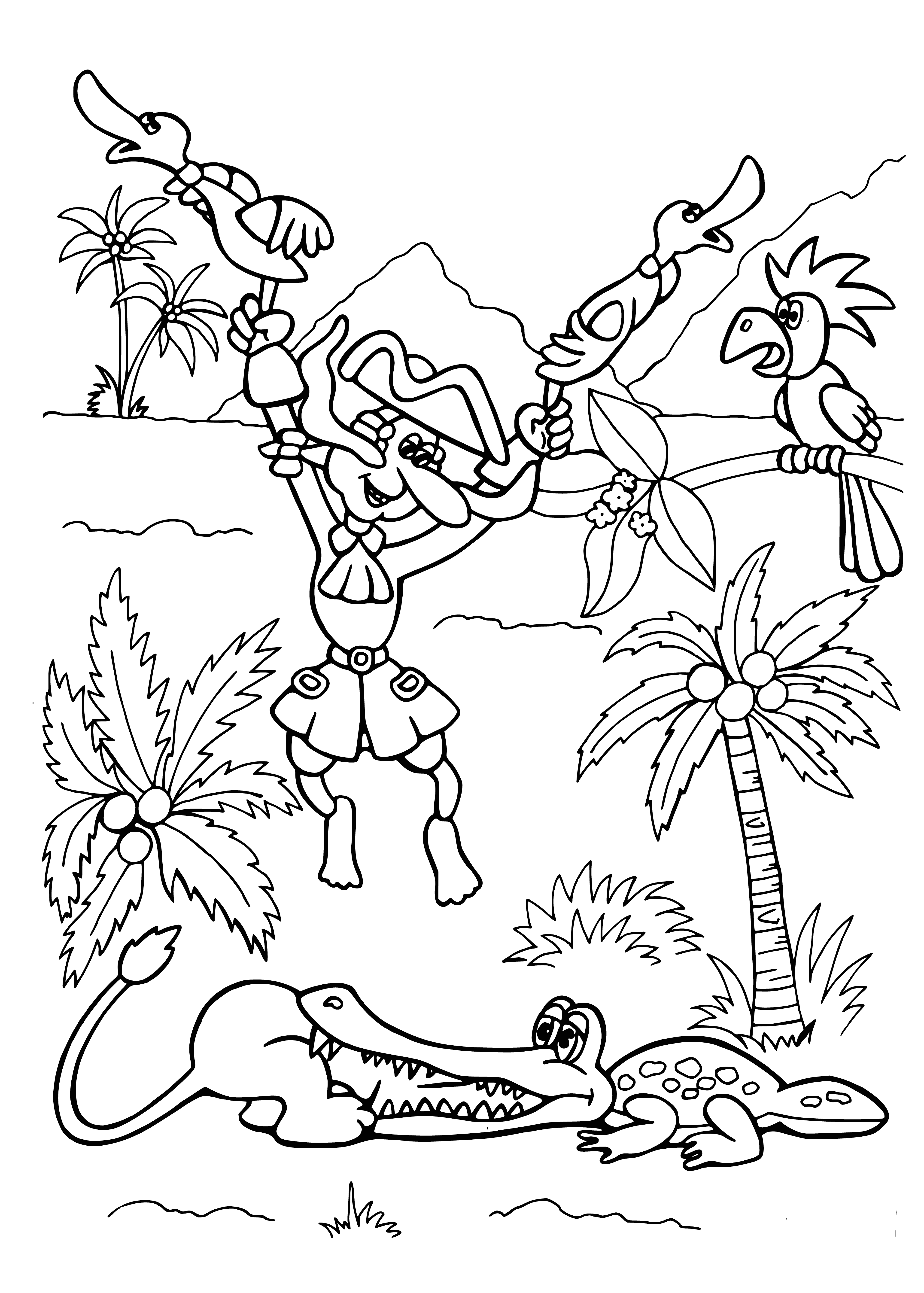 coloring page: Man in blue cape and hat rides lion on crocodile, wielding stick with serious expression.