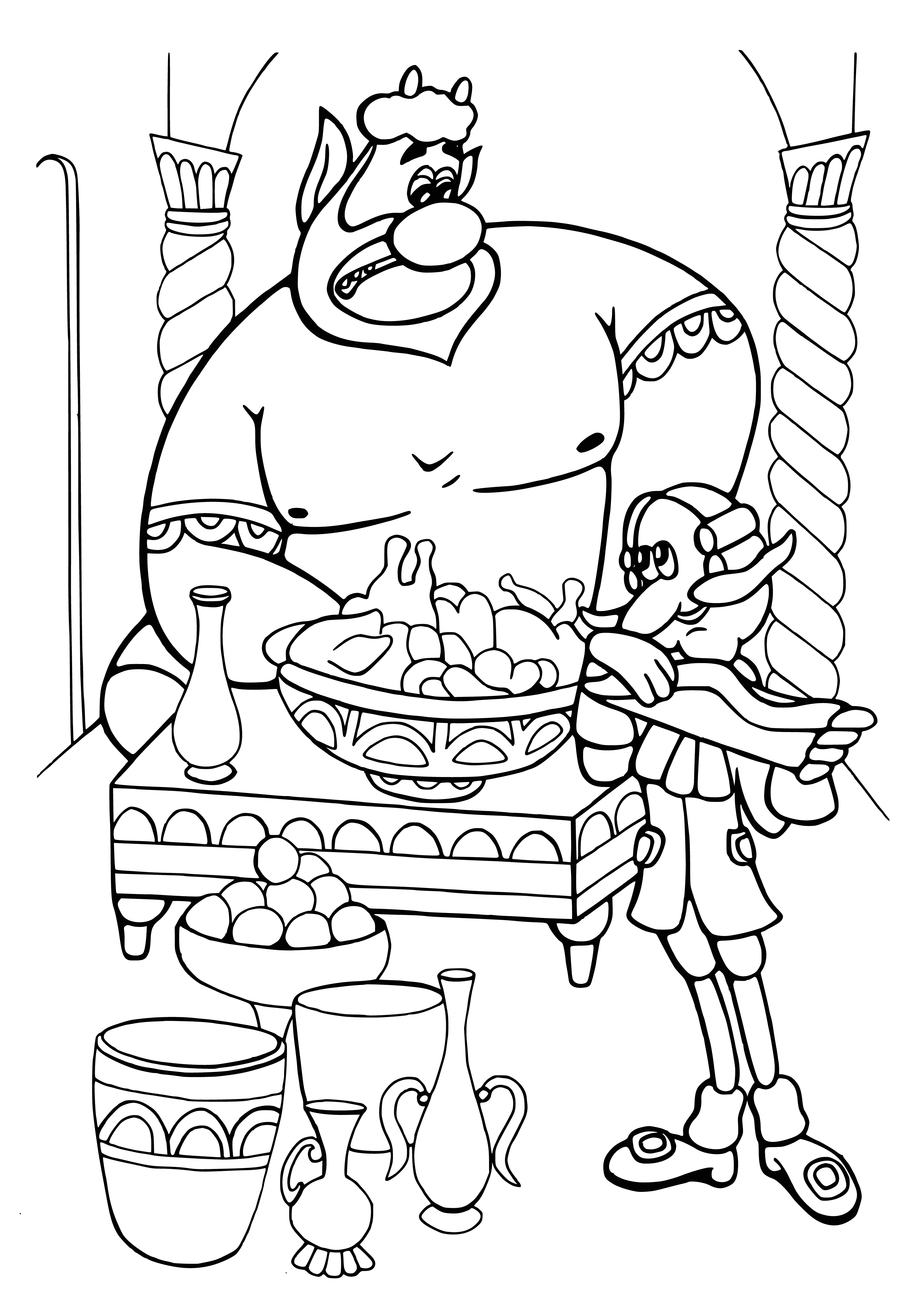 coloring page: Man in red coat and blue hat seated at table, green liquid in front. Woman in reddish dress smiling at him behind.