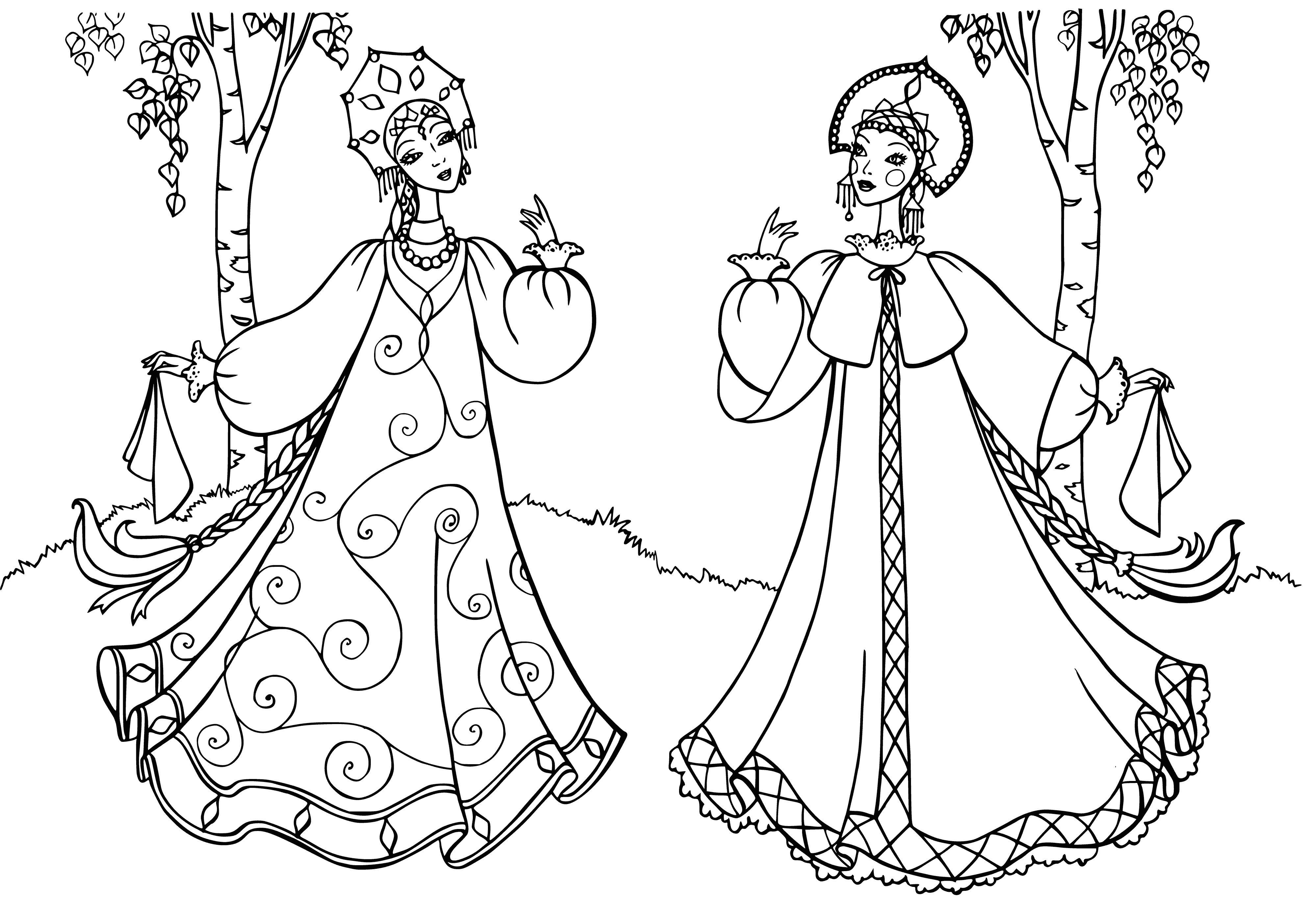 coloring page: Maidens in beautiful dresses and wings stand in a flower field, ready to fly, beaming with joy.