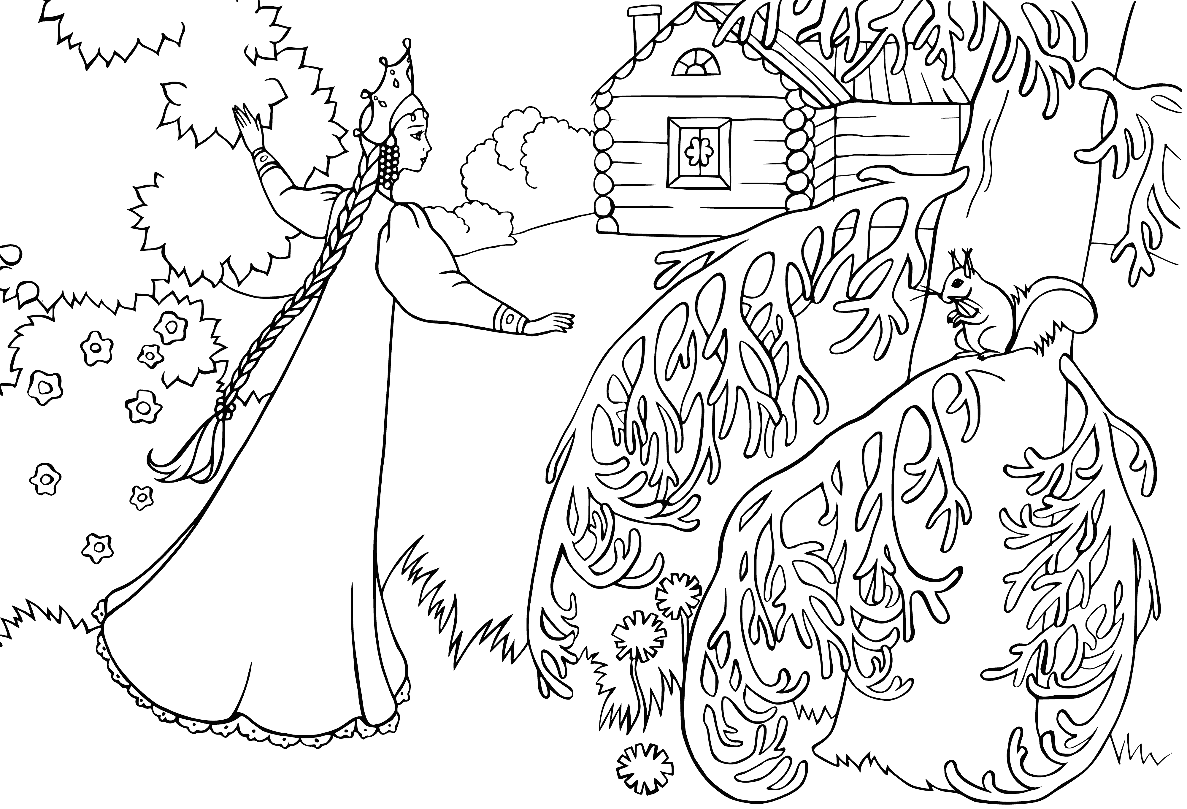 coloring page: Small round hut made of sticks, leaves, with a door/window and thatched roof. Garden of flowers in front.