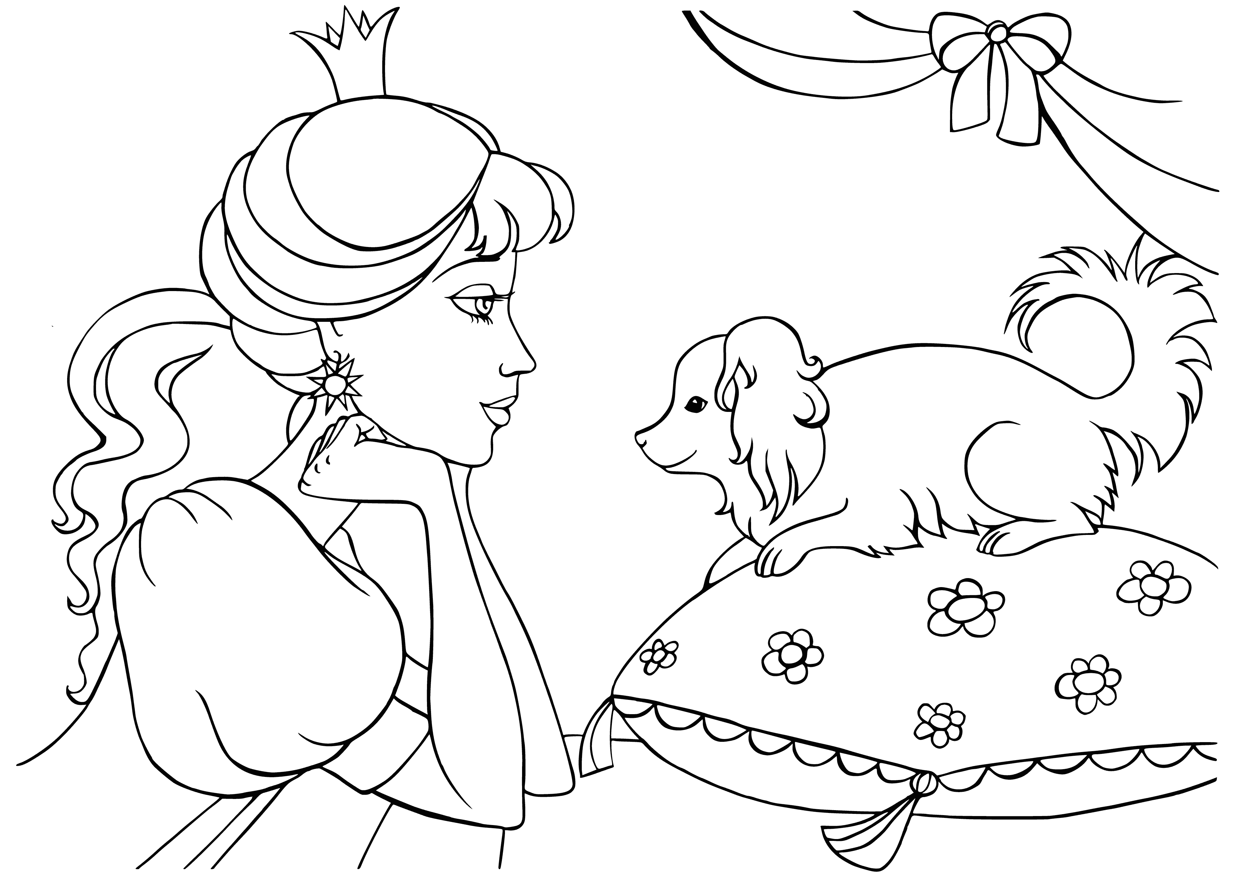 coloring page: Fairy Princess stands in front of a castle with turrets and ivy, a bridge over a river, and a forest on the far side. #fairytale