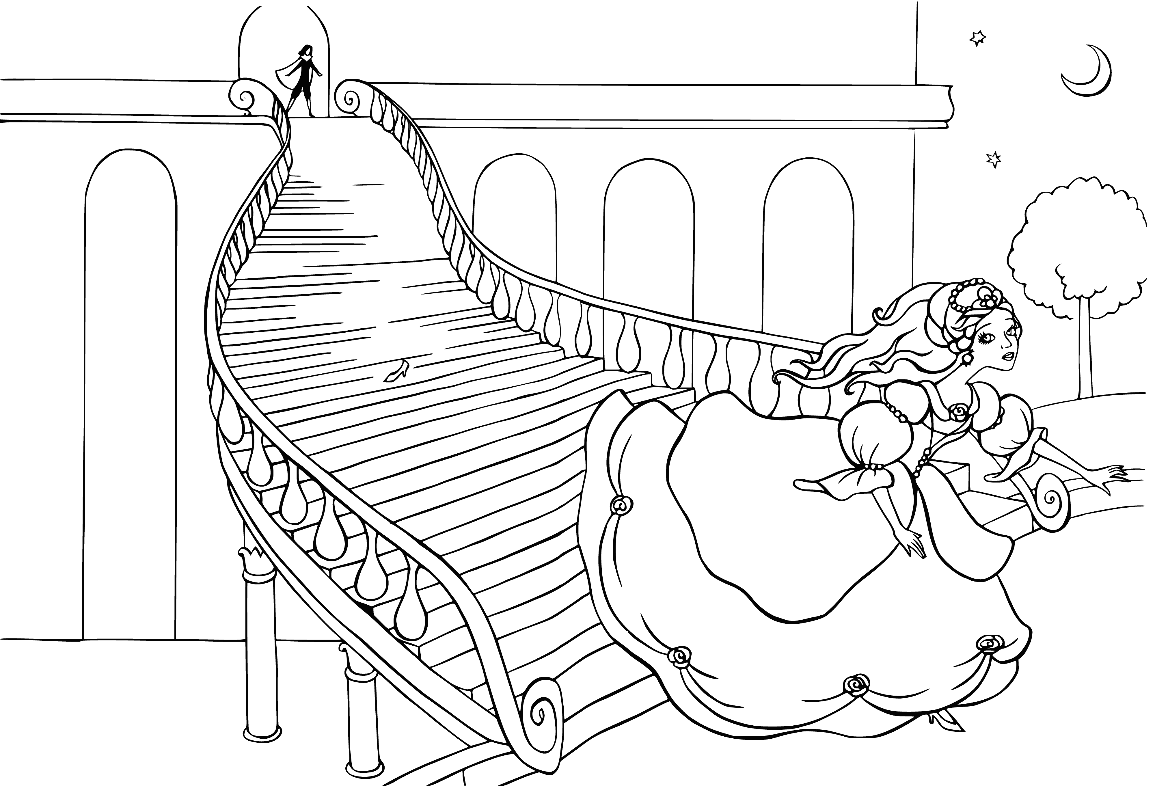 coloring page: Fairy-tale wedding of Prince & Cinderella. Guests applaud & Fairy Godmother smiles; happy couple weds in Fairy Kingdom.