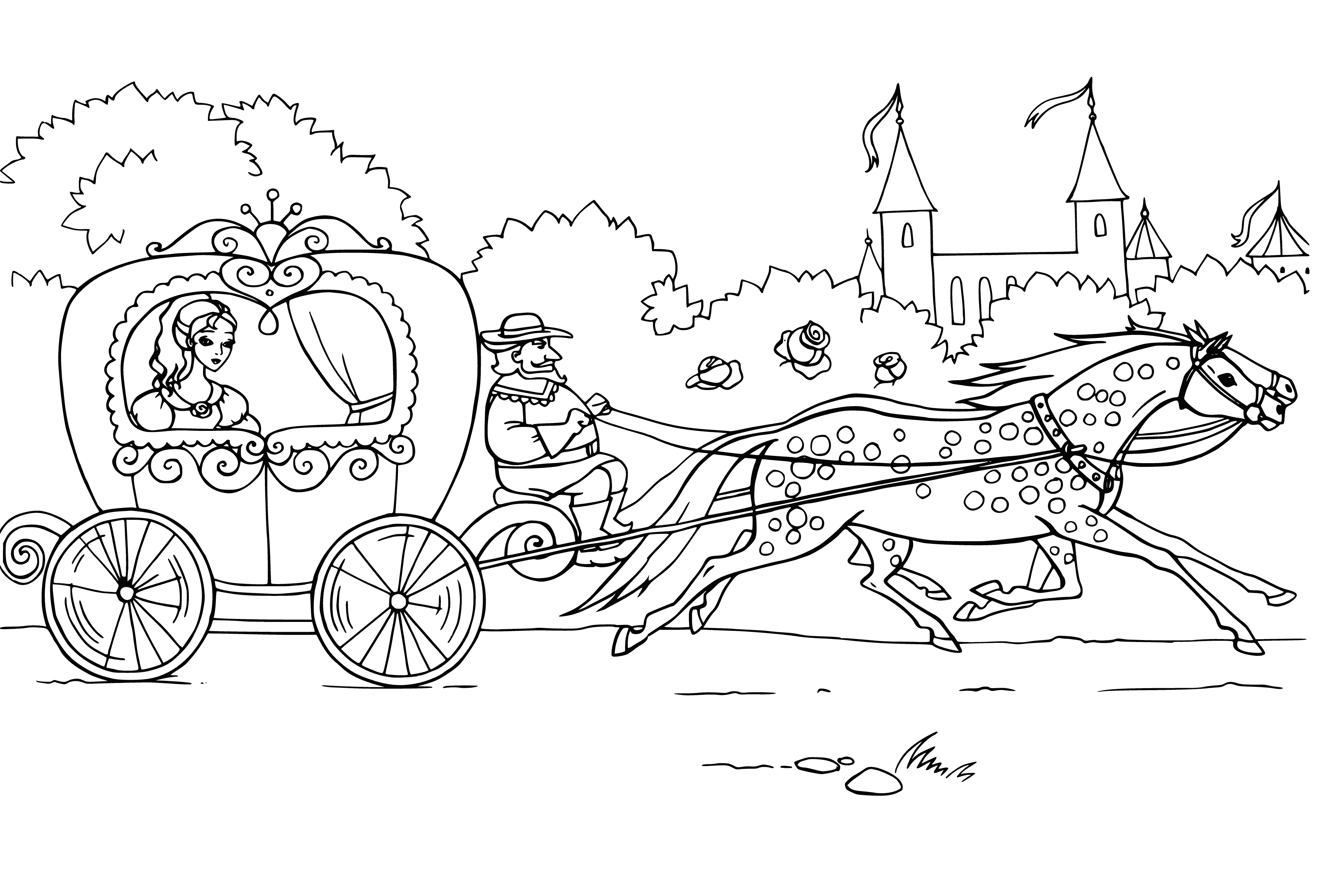 coloring page: A large palace with an open gate leads to an enchanted garden with a path to another world.