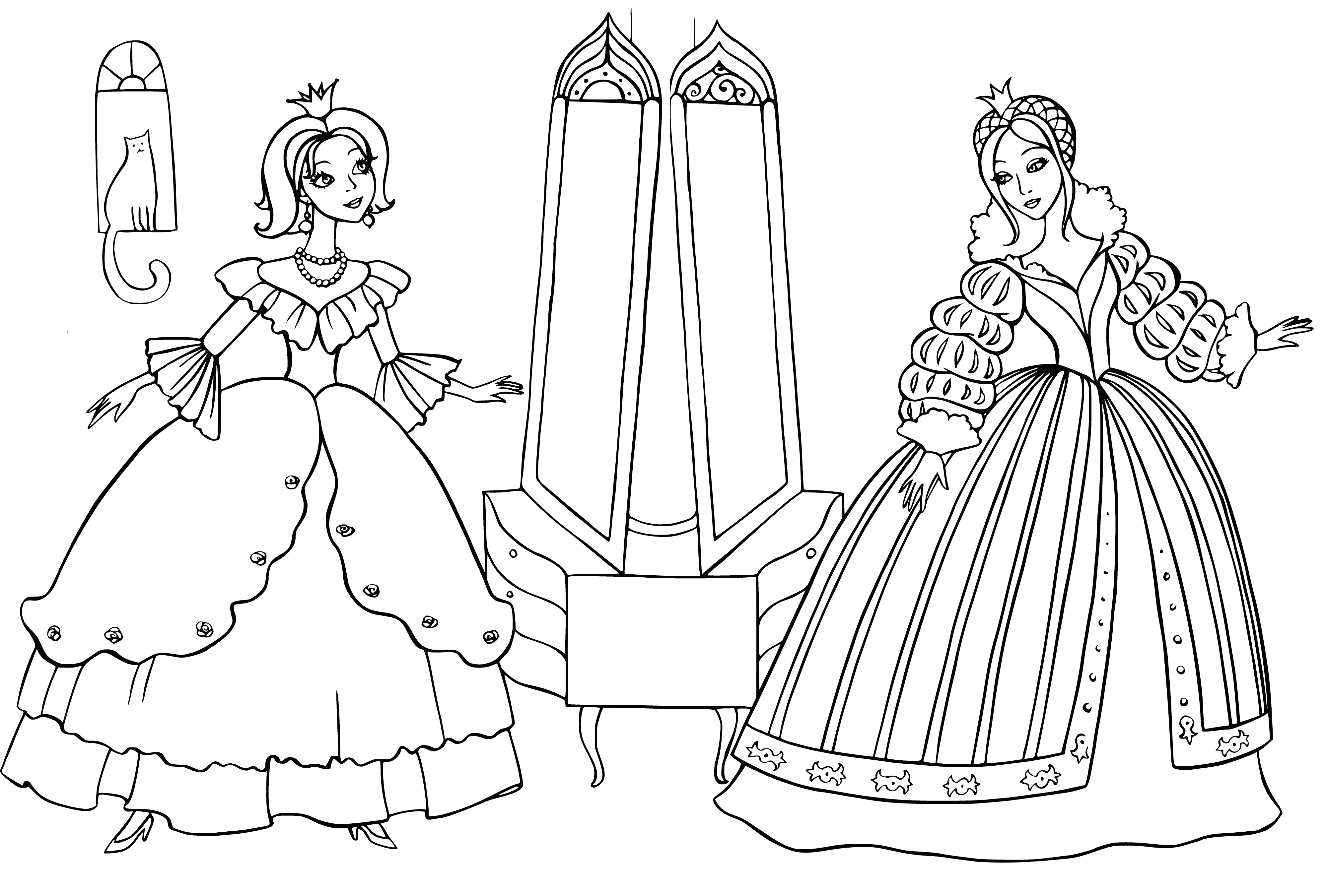coloring page: Fairies fly around in pretty dresses, different colors and styles, each with wings and unique shoes.