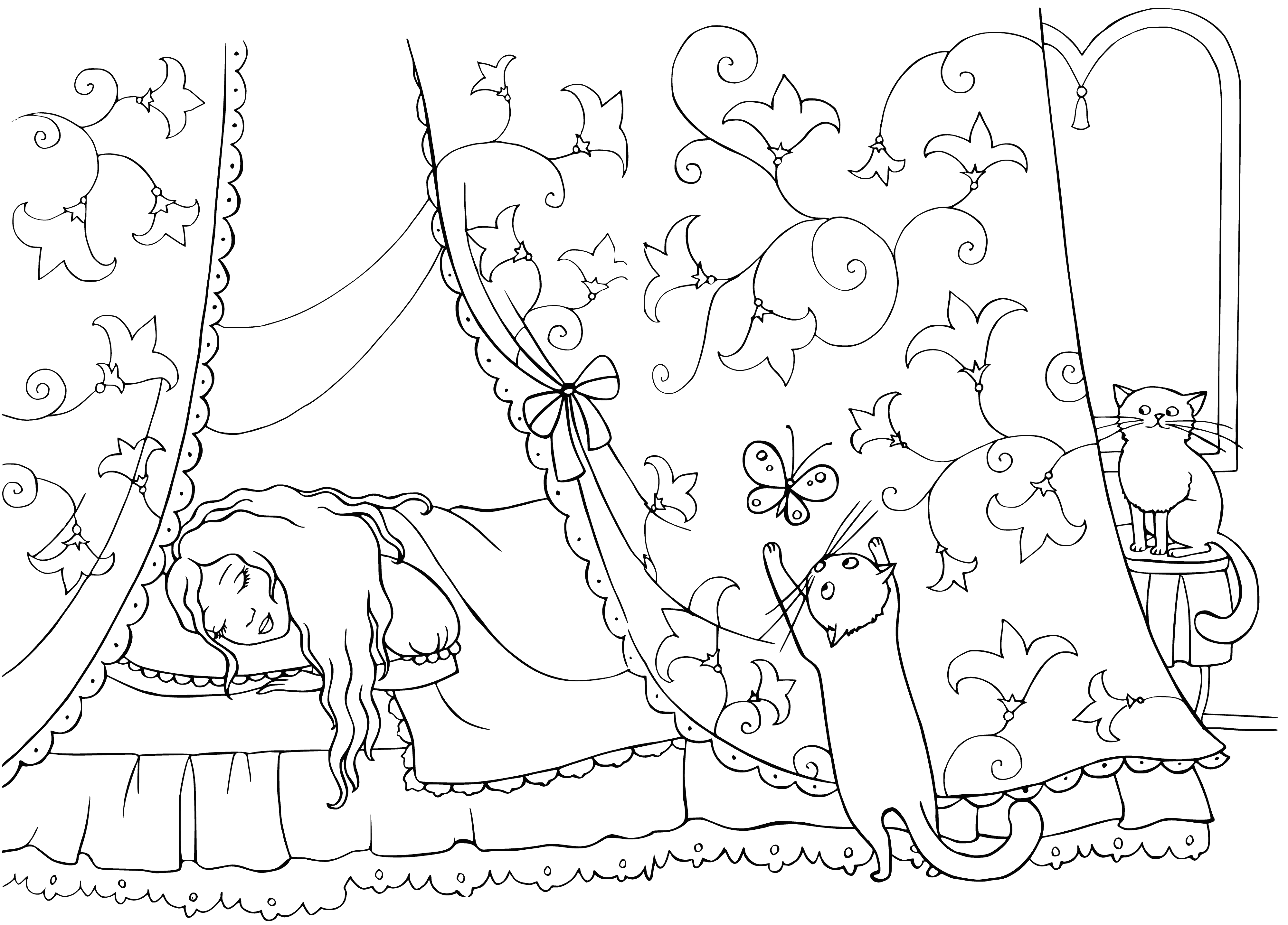 coloring page: Large castle with many towers in kingdom center made of pink & white stones. Trees, flowers, thick grass, butterflies & birds flying, deep blue sky.