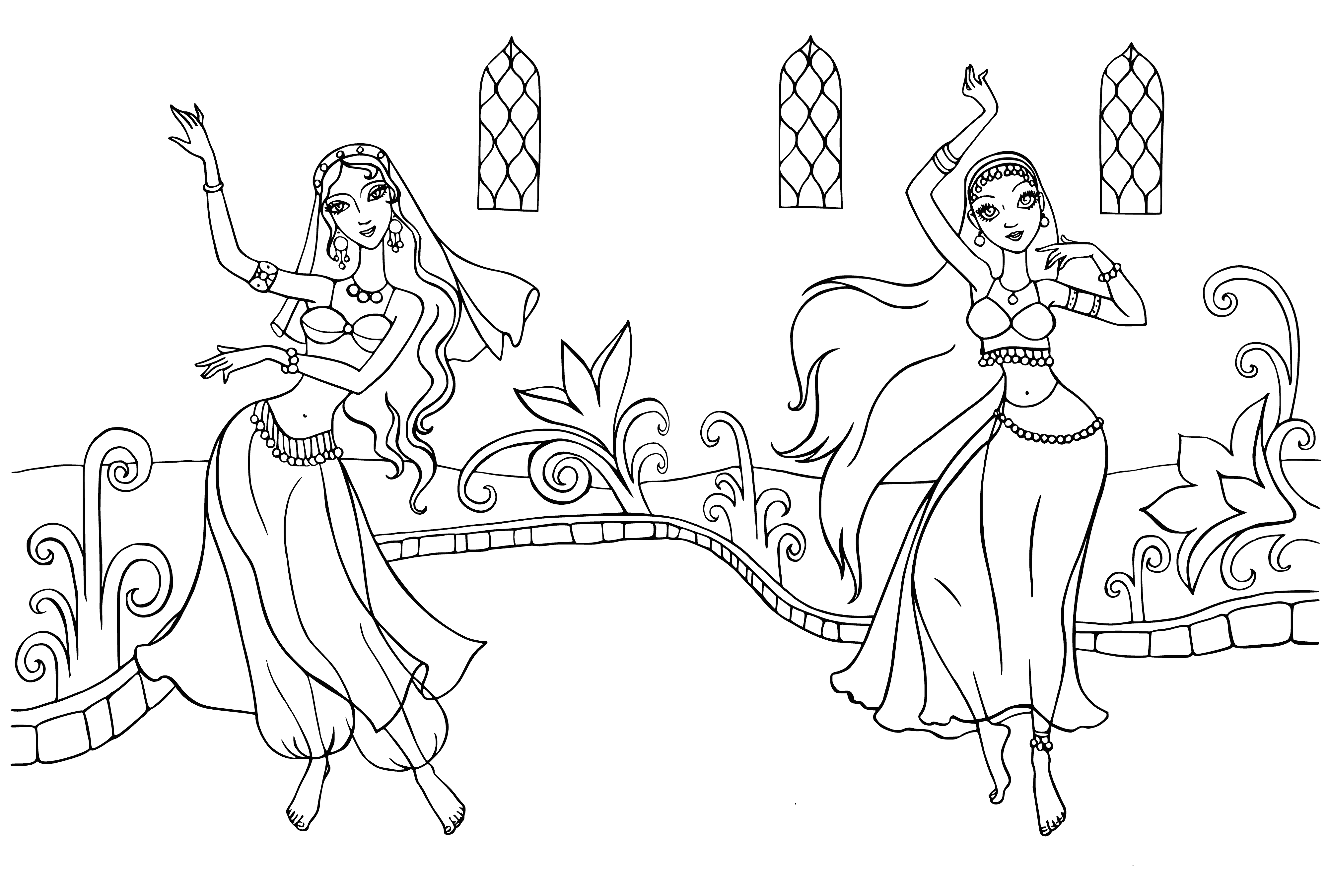 coloring page: Fairy kingdom East Dance is a peaceful place with a big castle, lots of trees, and fairies flying & sitting on flowers.