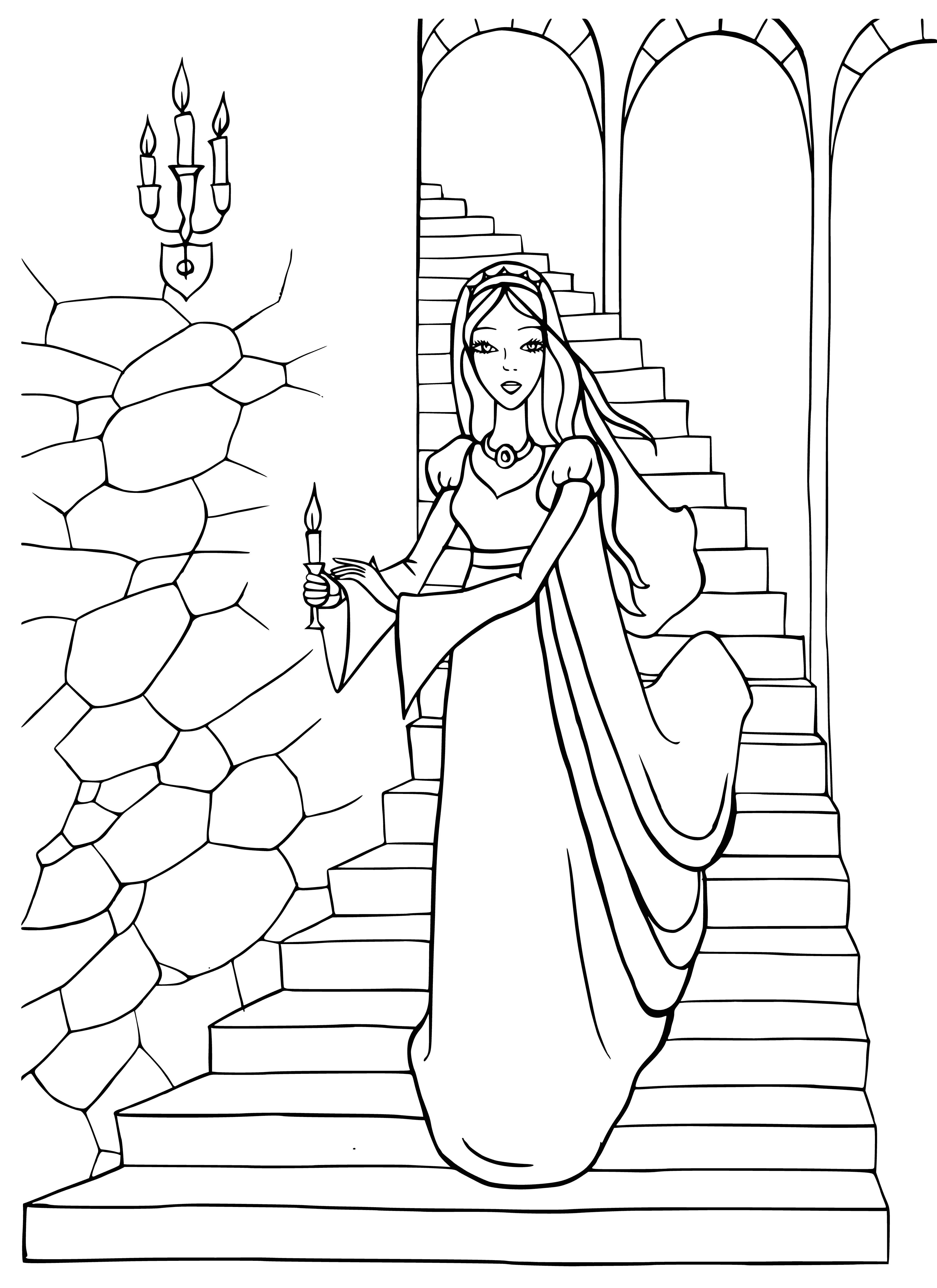 coloring page: Beautiful princess rules Fairy kingdom, creating a loving environment where everyone works together, with celebrations held regularly. She is beloved by all.