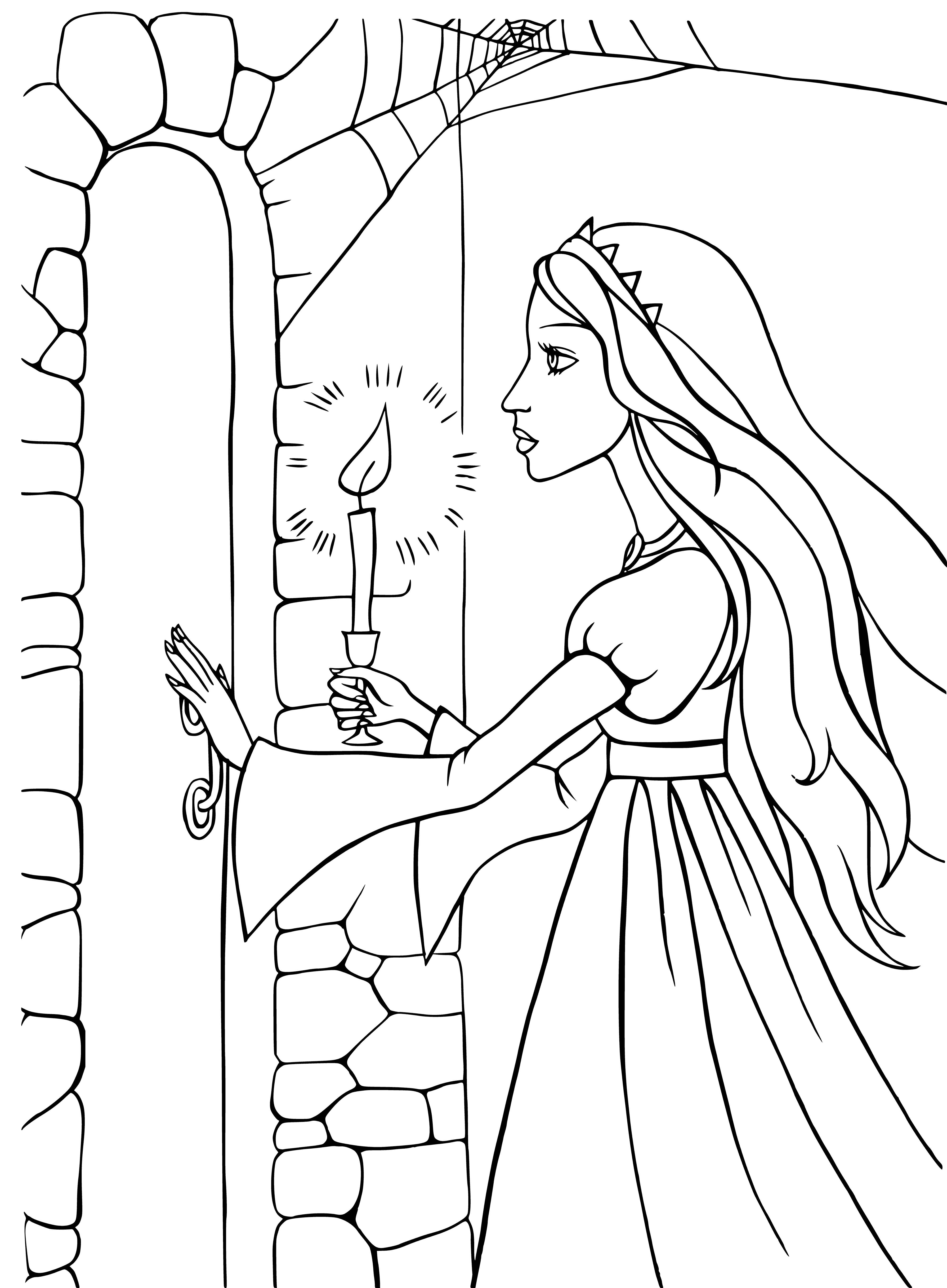 coloring page: A mysterious castle atop a hill in a forest, with ivy-covered turrets & stained glass windows. A drawbridge, heavy oak doors, & a hint of magic in the air. It's a fairytale waiting to be explored! #Fantasy