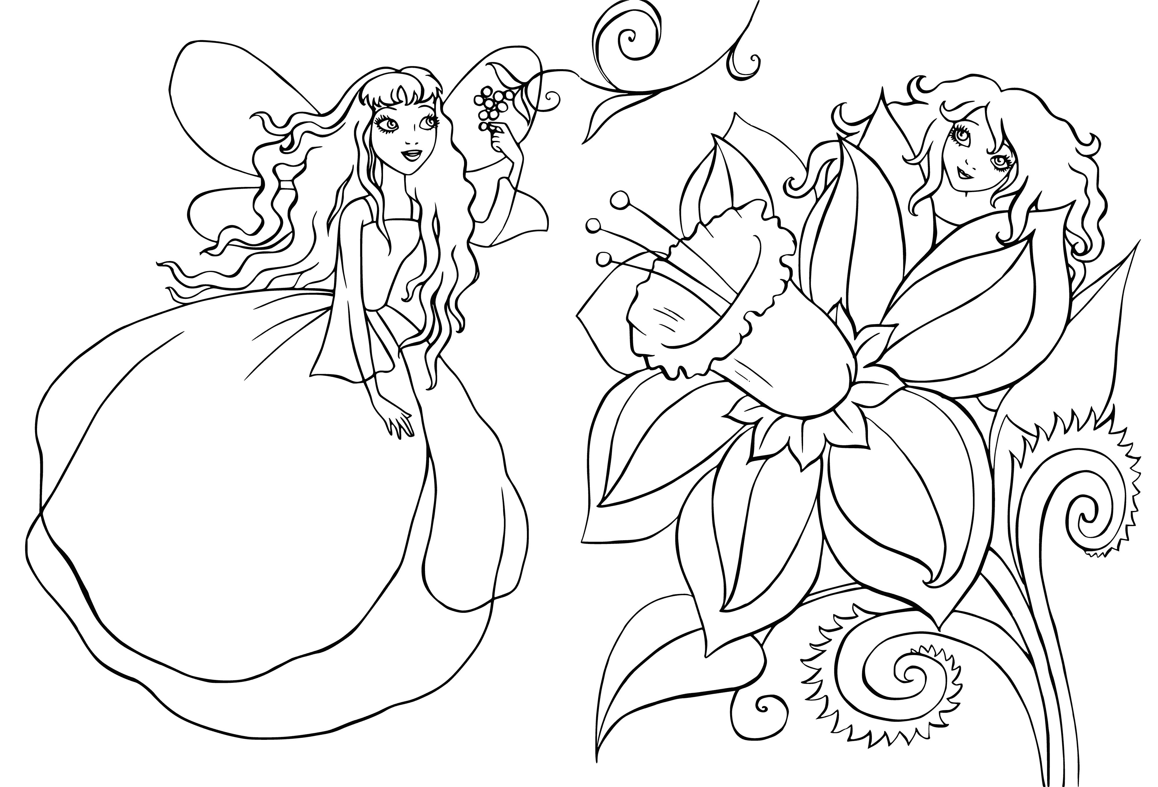 coloring page: Elves welcome all into their beautiful, majestic kingdom full of tall trees, green meadows, and glittering waterways. They are kind & magical, always ready to help.