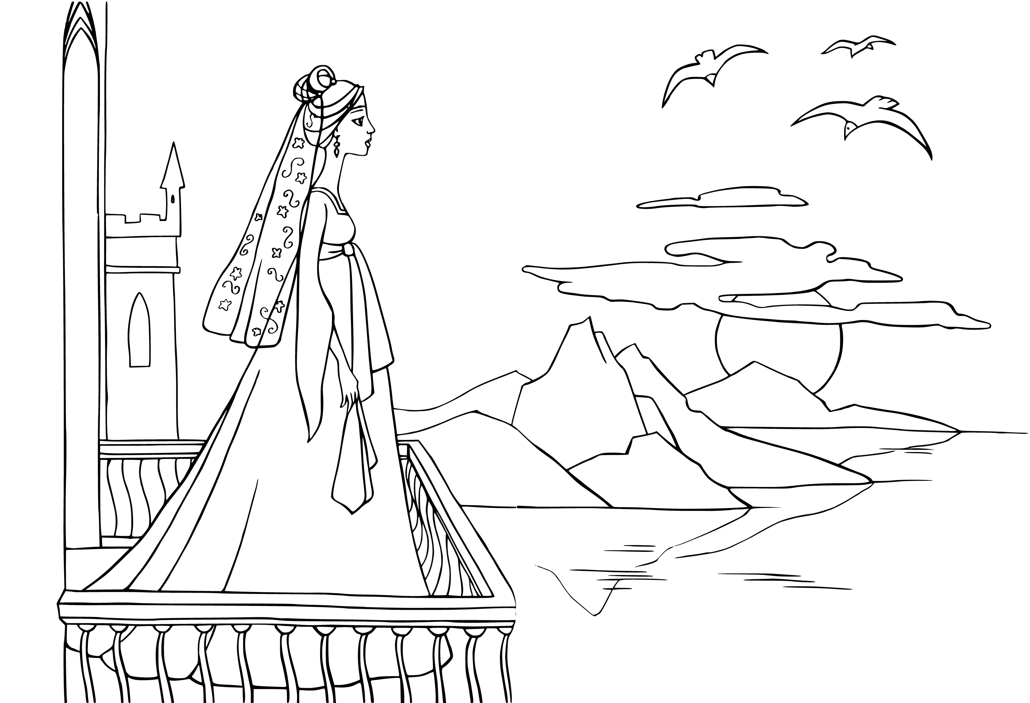 coloring page: The Fairy Queen rules the peaceful Kingdom of Sunset from the Purple Palace, a beautiful castle with glimmering towers. It's filled with magic and wonder, where the sun always shines and the flowers never wilt.