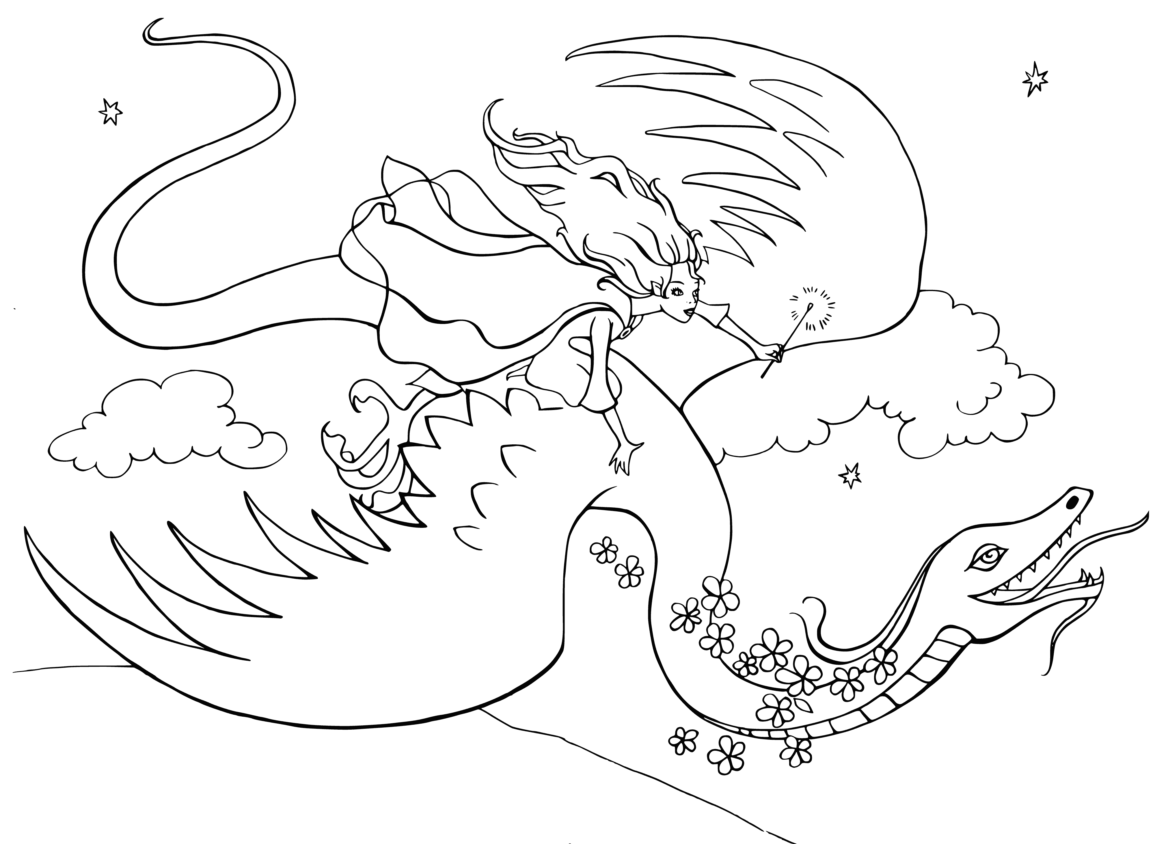 coloring page: Fairy kingdom is large, prosperous w/wide range of creatures + plant life. At its center is an ice-like palace, full of friendly fairies living+riding a friendly dragon. #FairiesAndDragons
