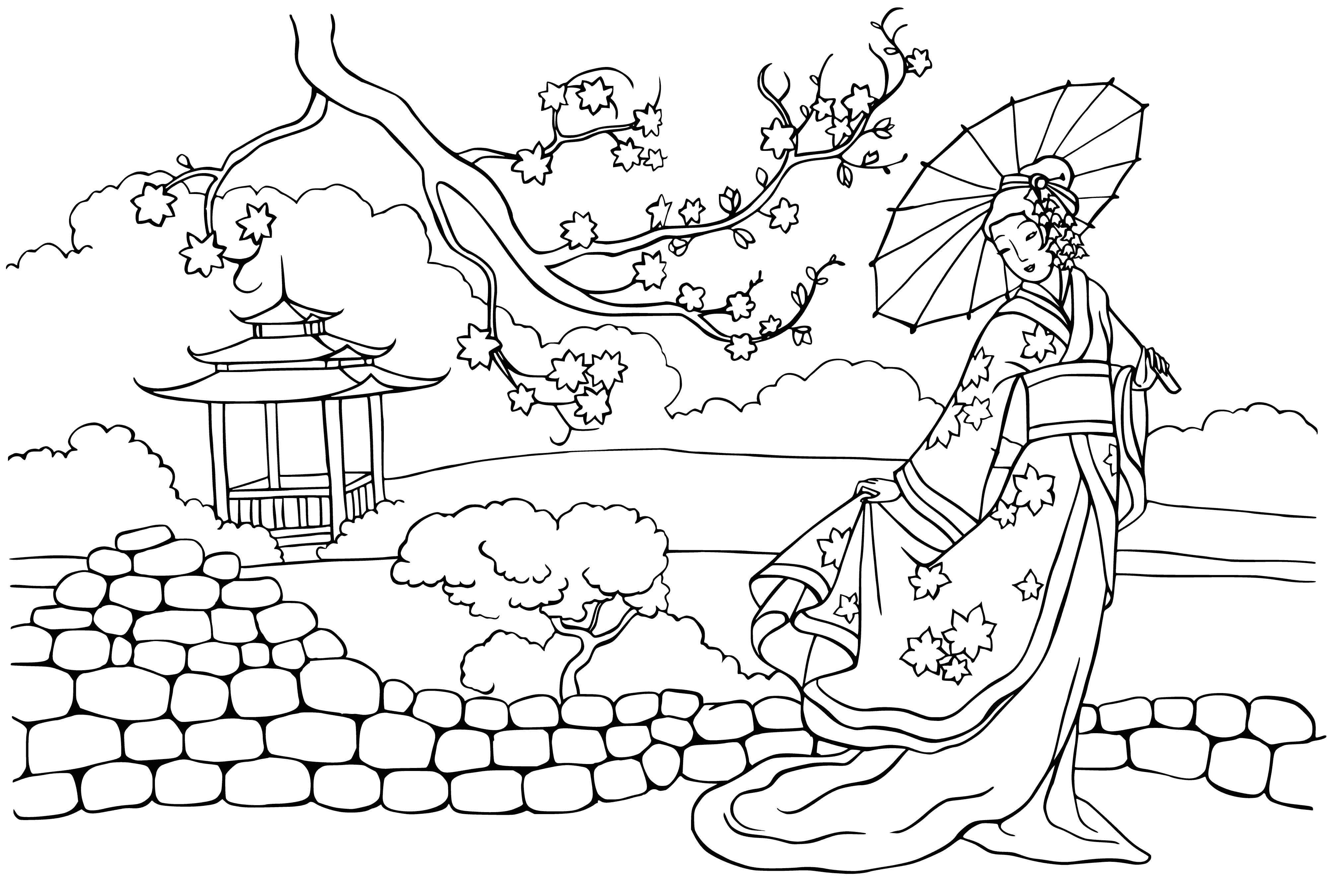 coloring page: Princess in beautiful dress with long train stands in front of a castle, holding a veil, with an updo and braids with flowers in her hair.