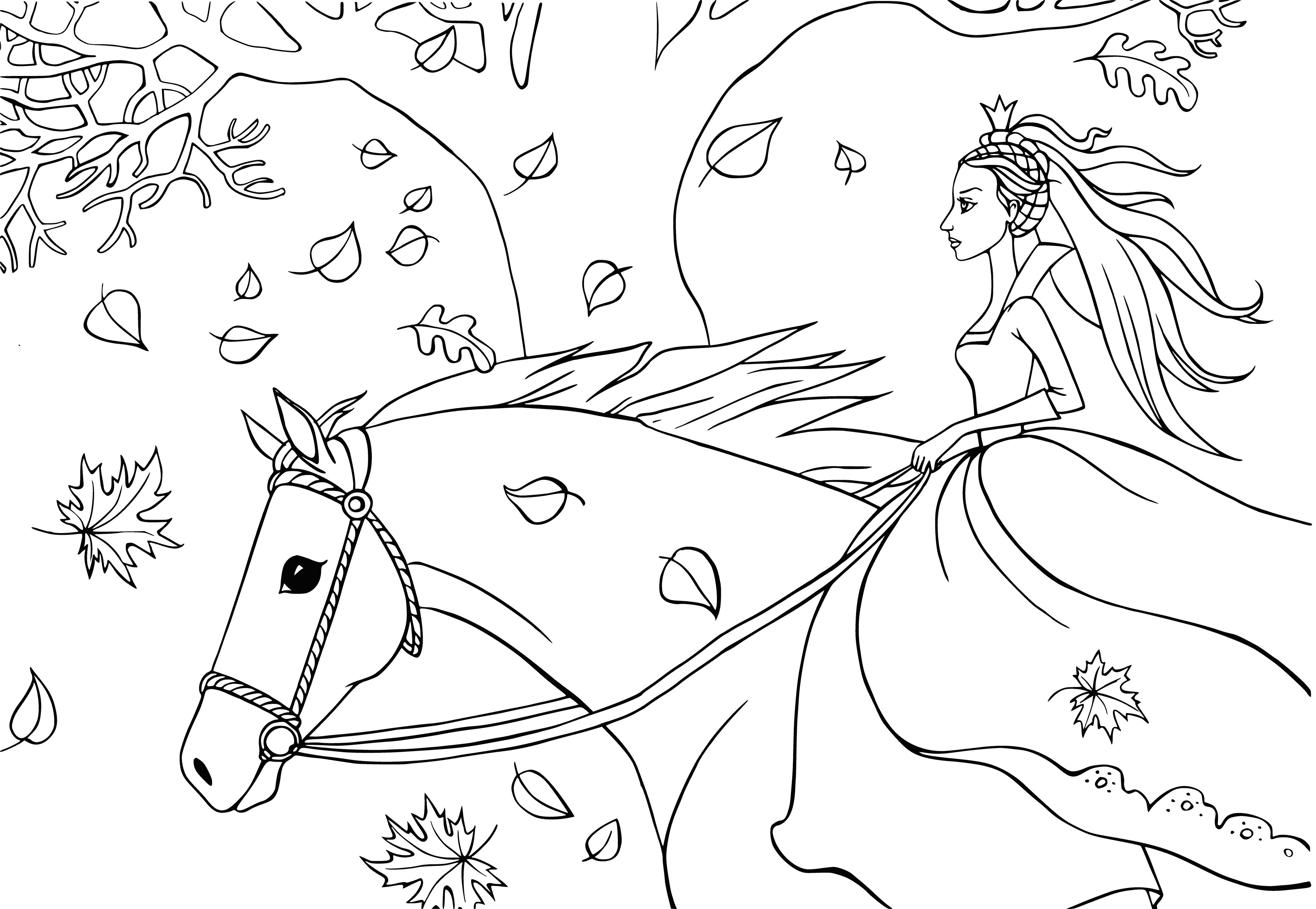 coloring page: The Fairy kingdom is a magical place of horseback riding & a huge castle with a big red door & gold knocker, surrounded by a big green forest. #fairytale #magical