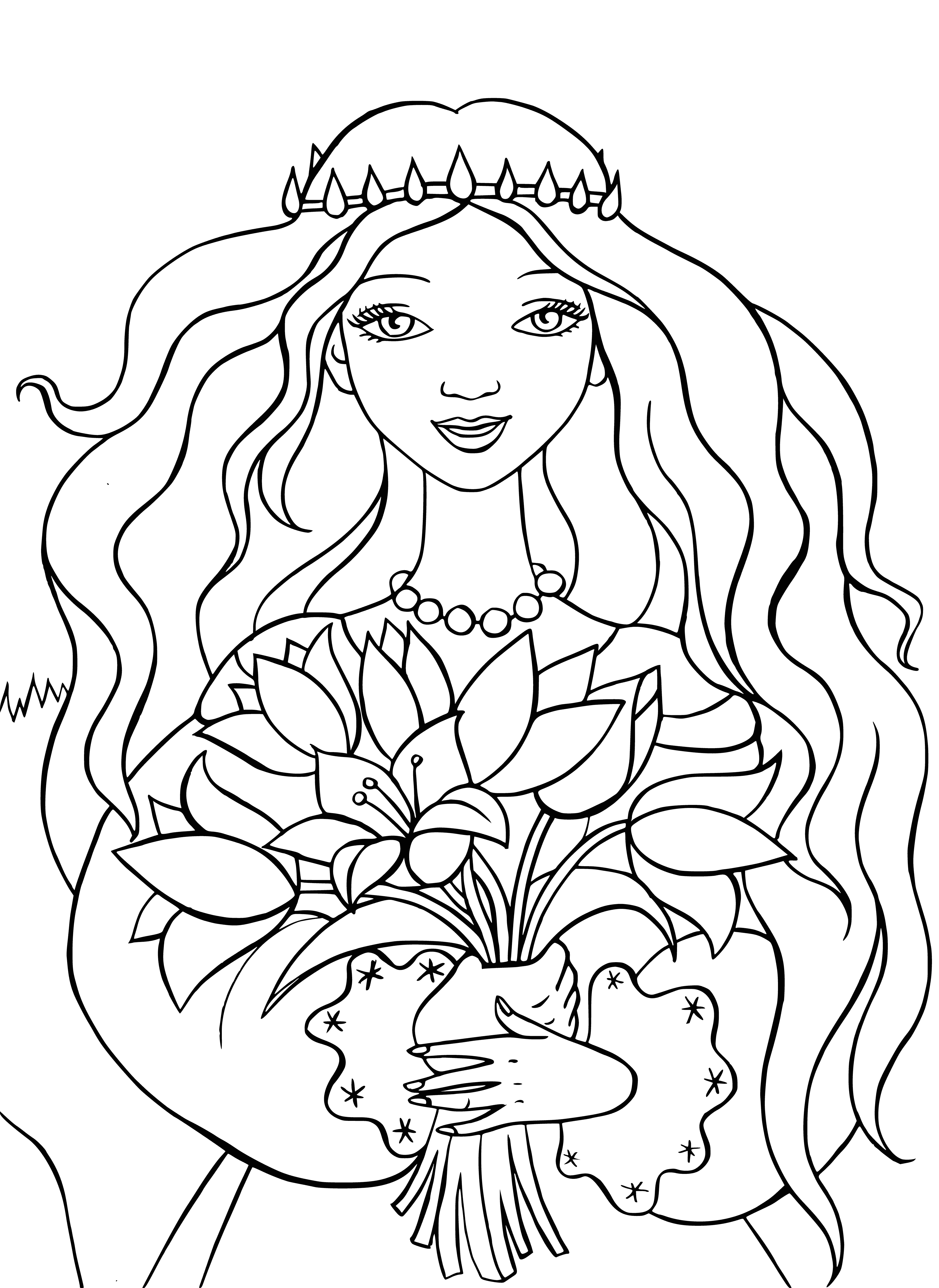 coloring page: Girl in pink dress by castle, picking flowers. Drawbridge down, surrounded by trees and blooms. #magicalmoments #dreamland