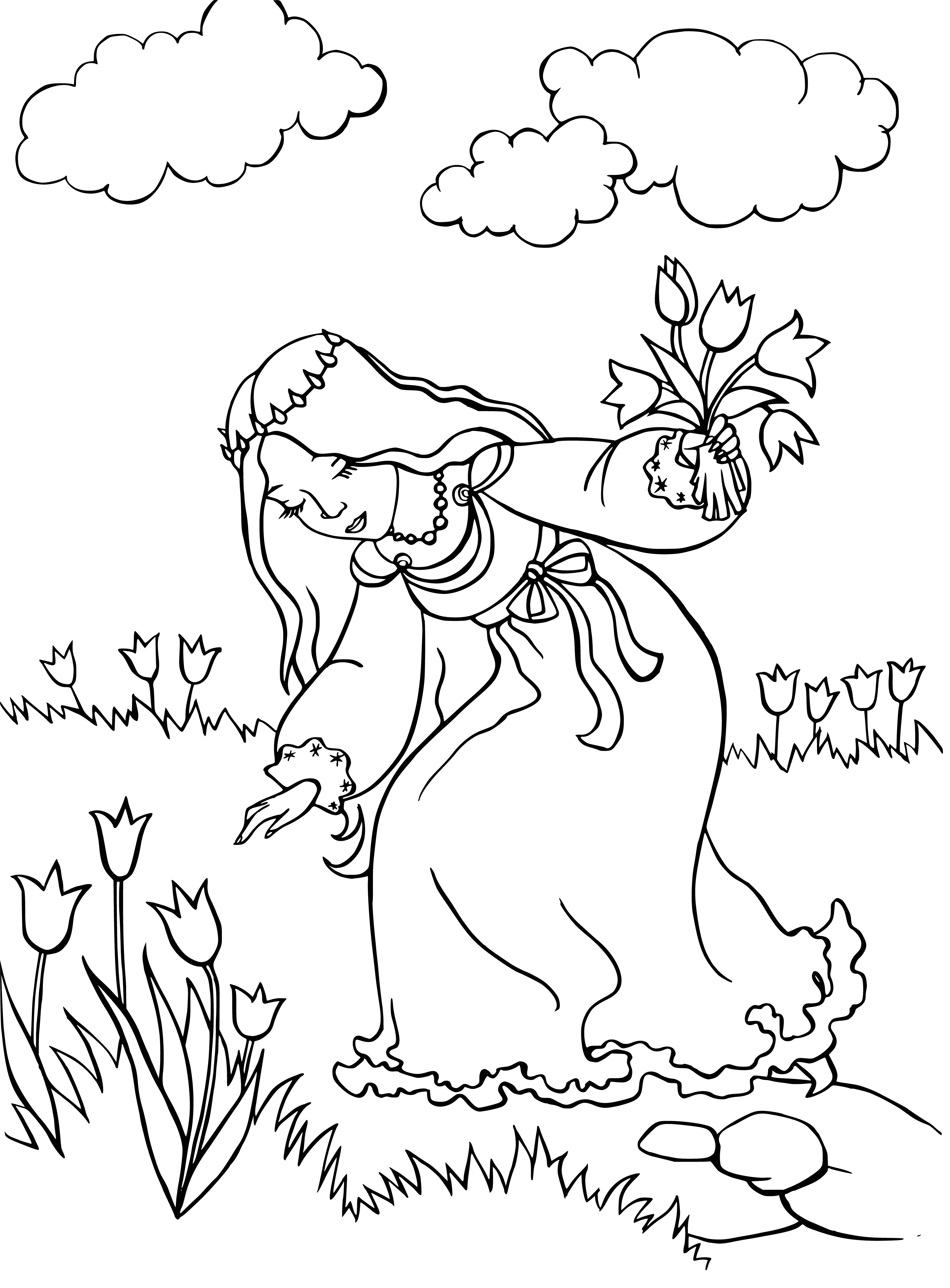 coloring page: A Fairy kingdom ruled by a queen, w/ a princess heir. Surrounded by a forest w/ a path lined w/ trees & flowers; also has houses & castles.