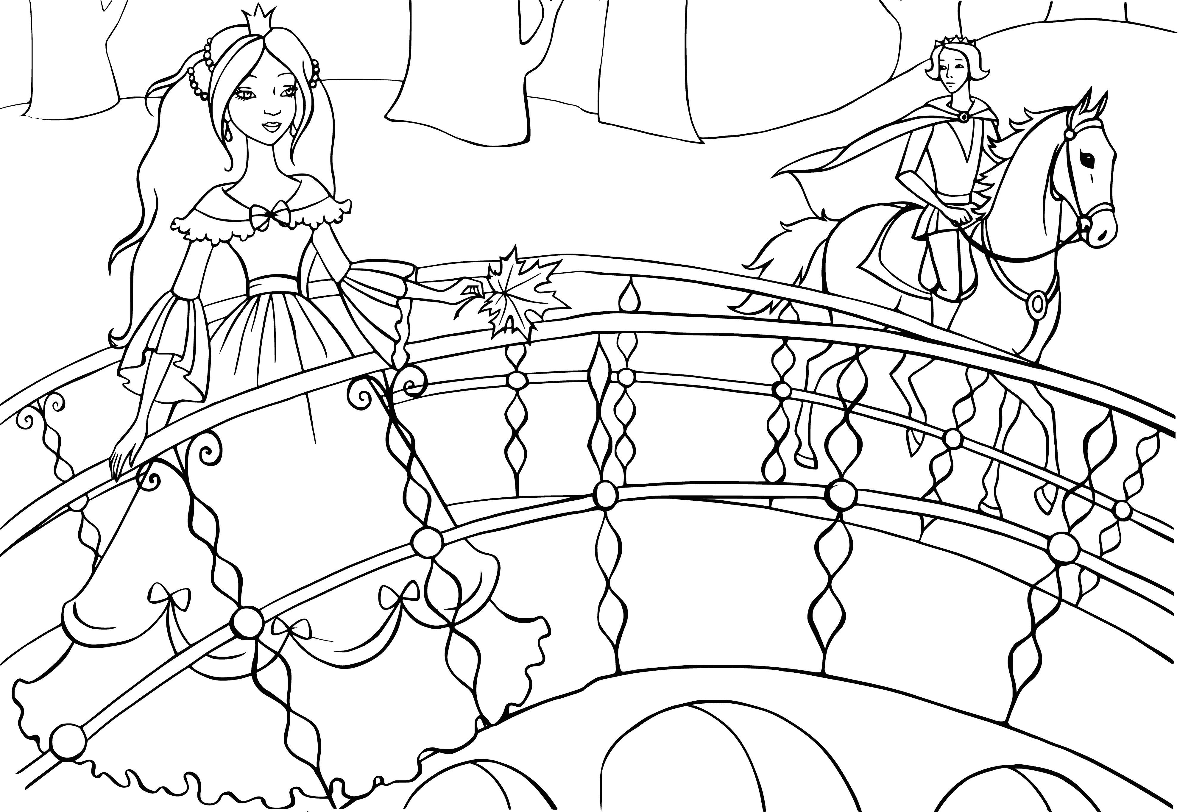 coloring page: Princess stands on bridge in a fairy kingdom of trees, flowers, and blue sky. She has long blonde hair and a pink dress and holds a wand. #FairyTales