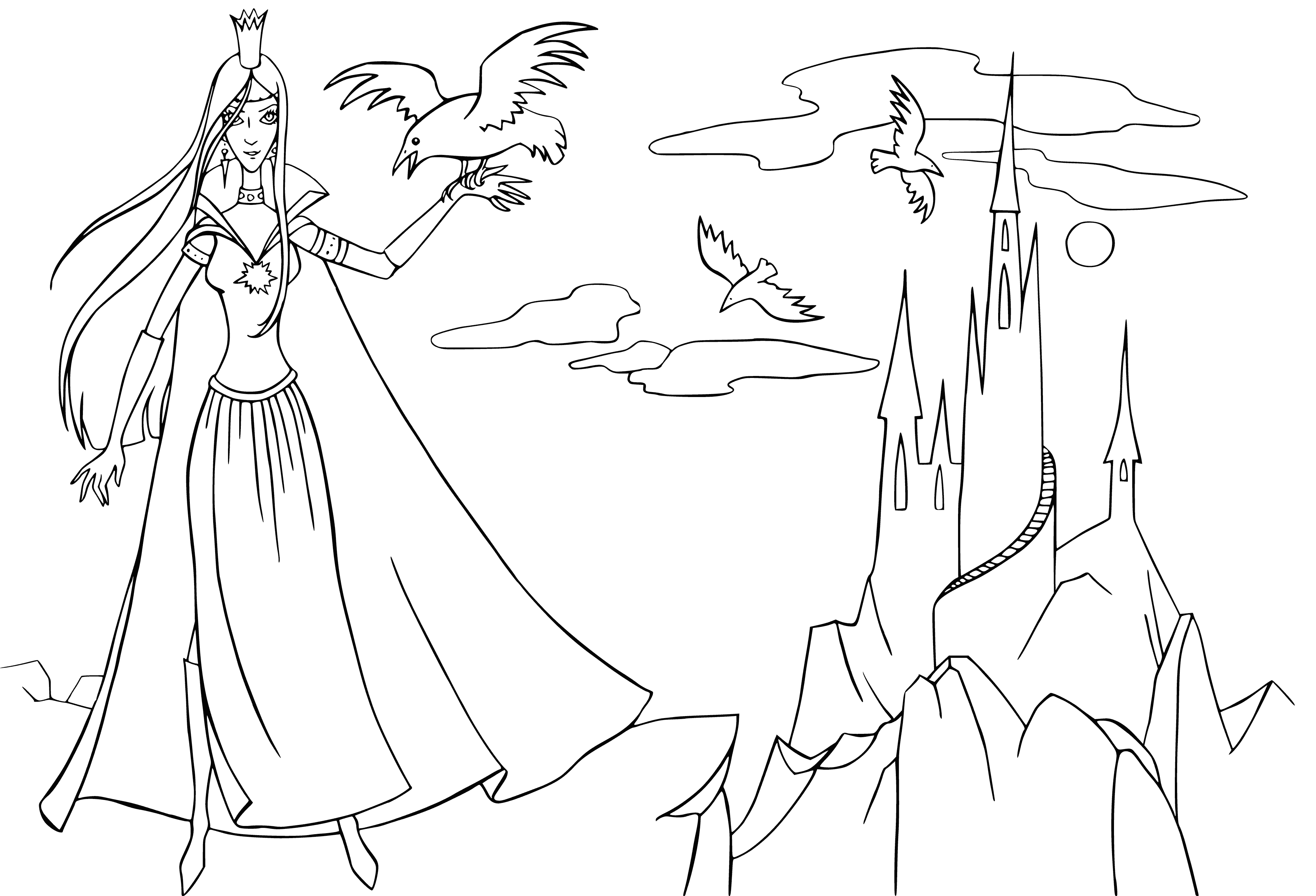 coloring page: The Fairy Queen sits on her throne, surrounded by her subjects. Regal, serene, and crowned, she reigns over the beautiful fairy kingdom.