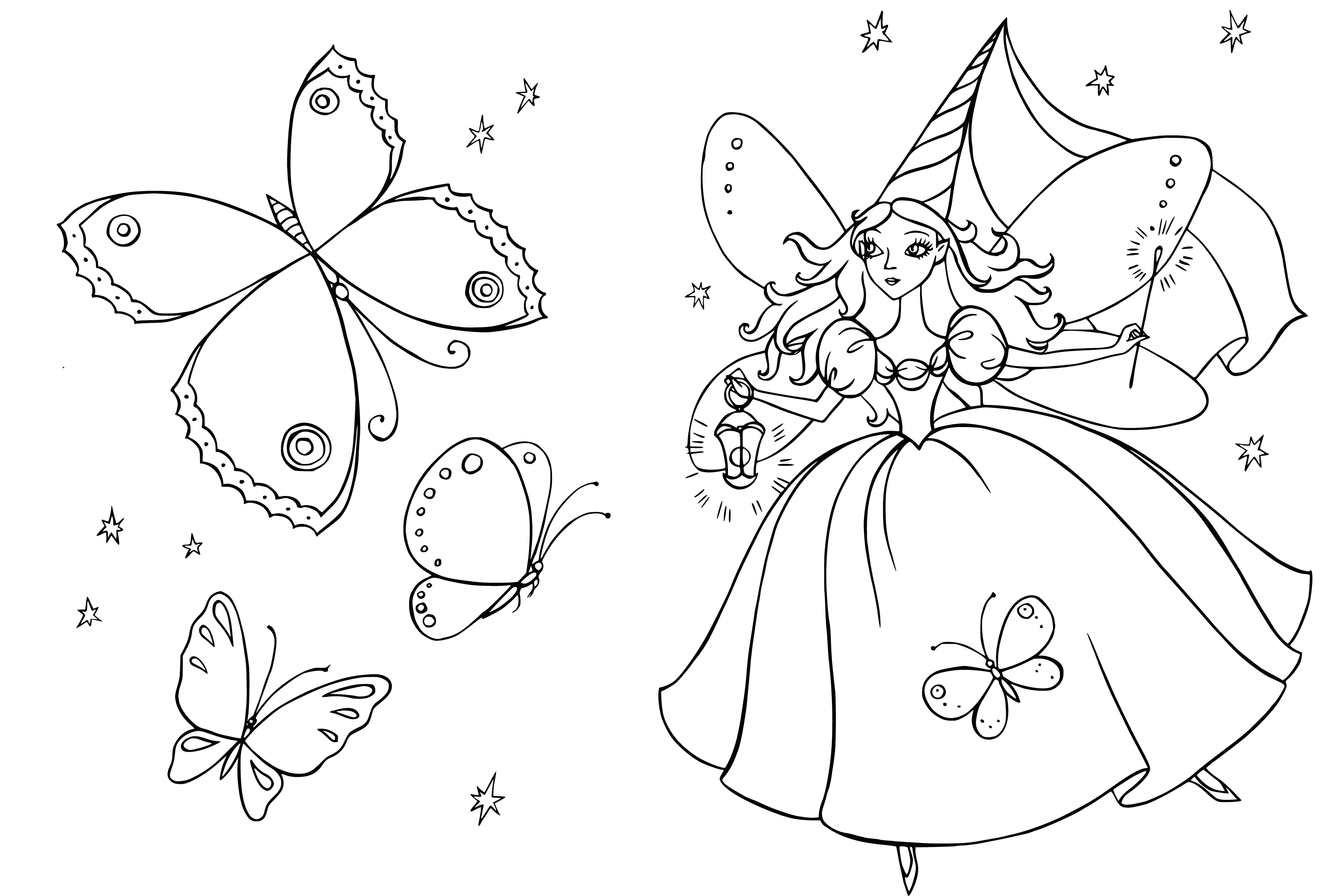 coloring page: Fairy kingdom w/sparkly palace, colorful trees, flowers & fairies flying, rainbow in sky—magical!