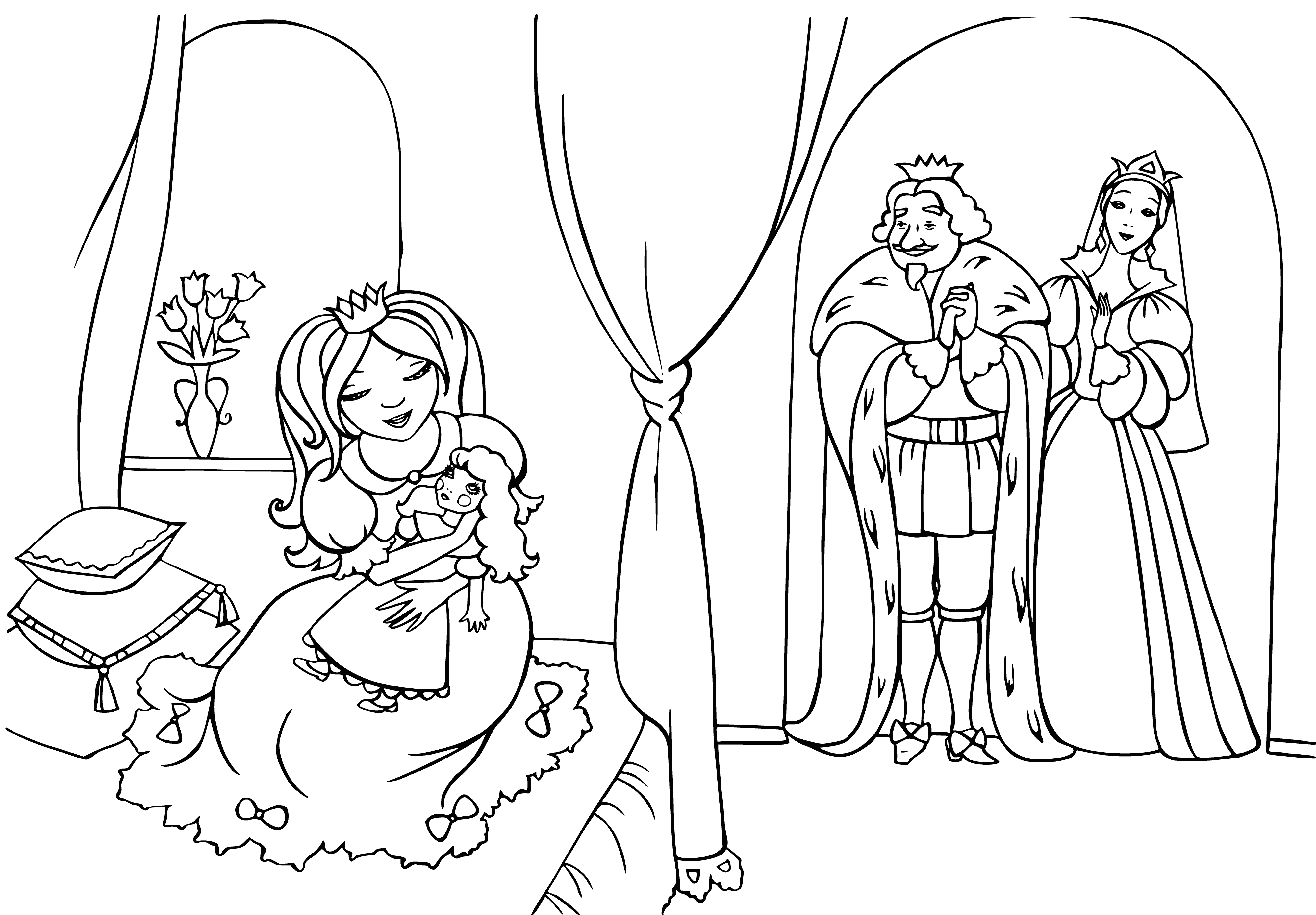 coloring page: Wonderful fairy kingdom with a castle, trees & flowers, plus tiny winged fairies playing & flitting about! #fairytale