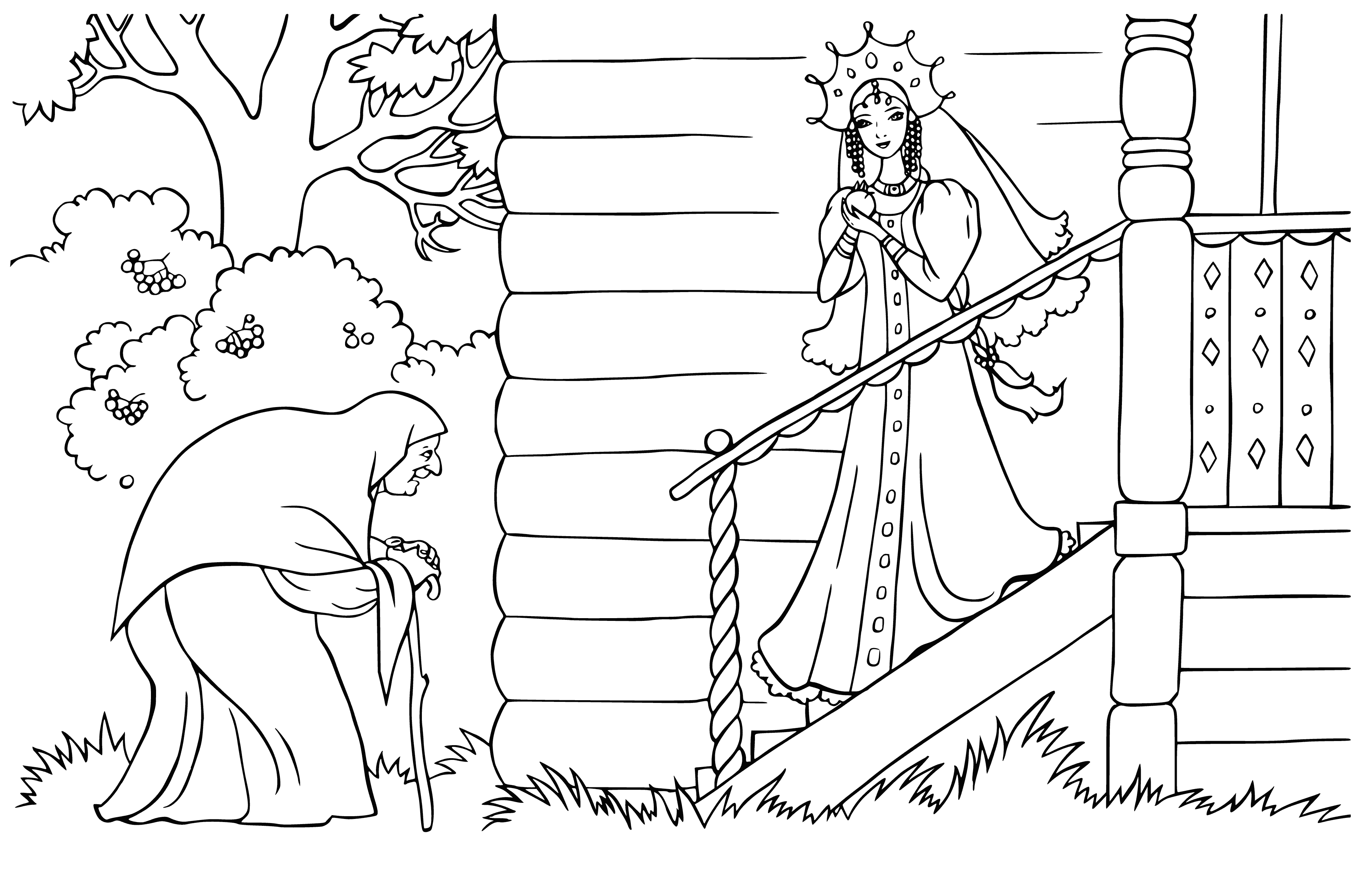 coloring page: The princess has wings and is flying in her pink dress surrounded by fairies in a field with a blue sky.