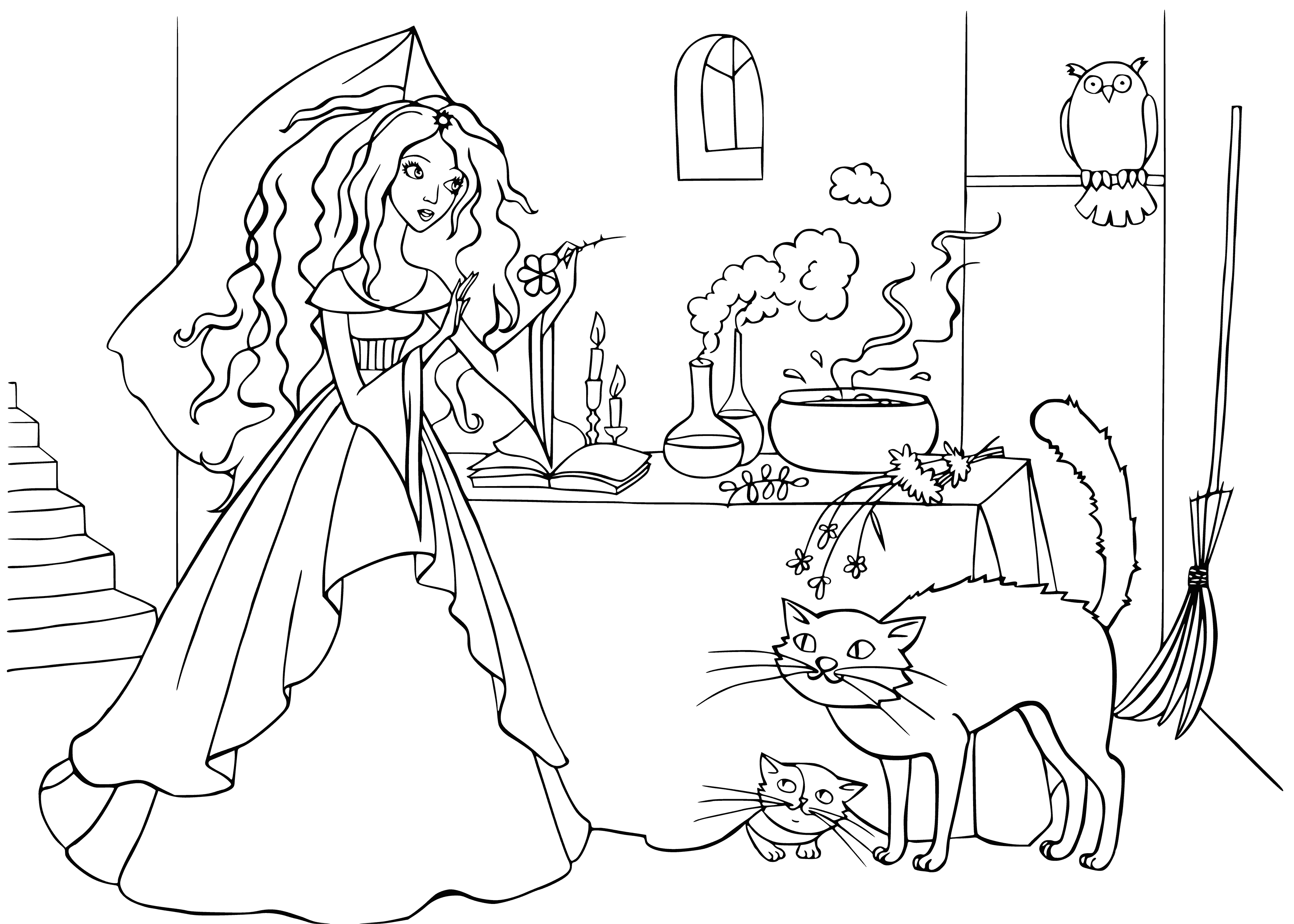 coloring page: In the Fairy kingdom of Witchcraft, there's an abundance of nature & magic with tall trees, a white marble Palace & statues surrounding a moat. Sparkles of magic fill the deep blue sky.