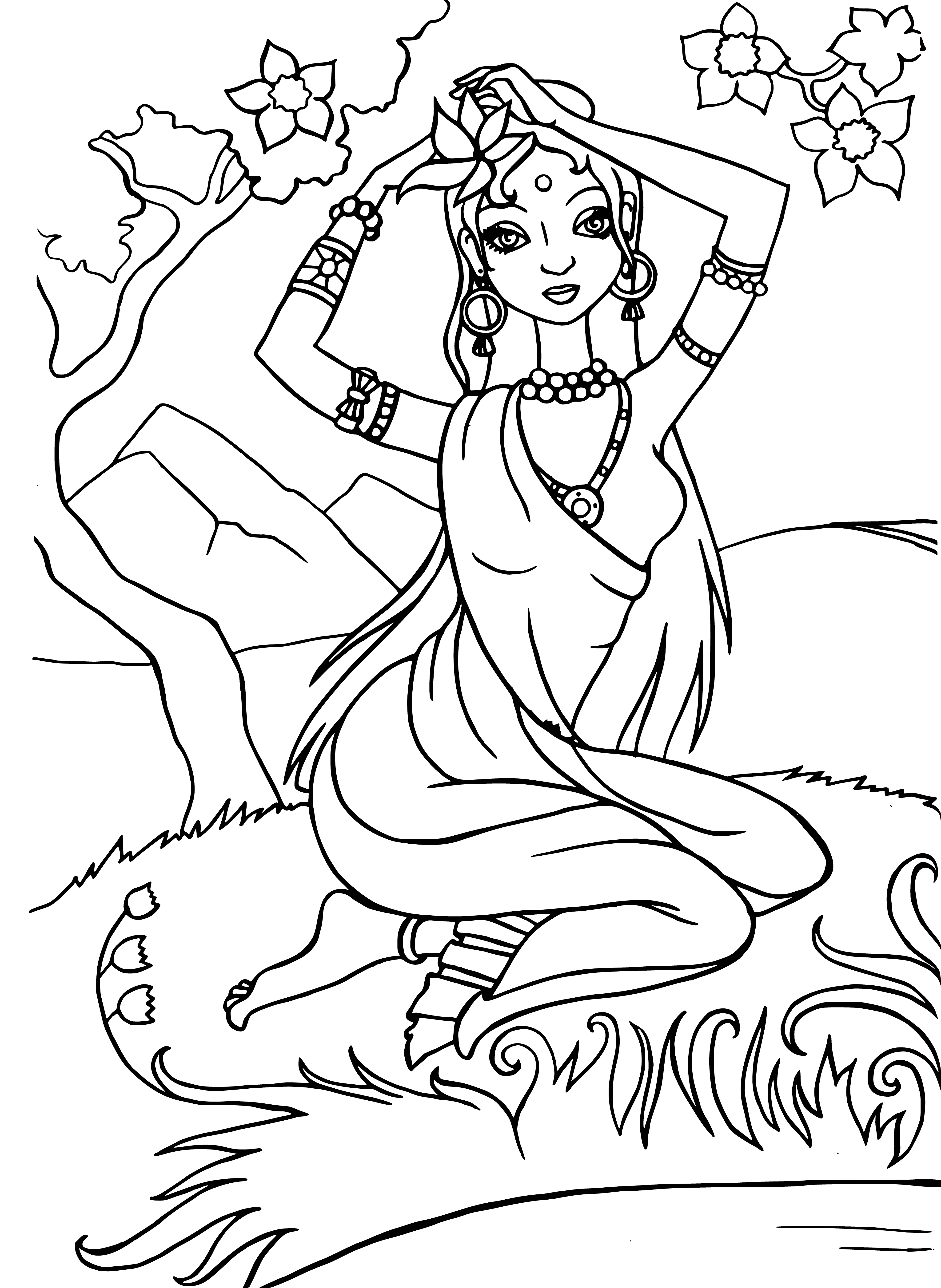coloring page: Coloring page of a princess in a beautiful palace surrounded by a forest, a river and pink/purple flowers. Fairy friends accompany her as she wears a pink dress and has long blonde hair.