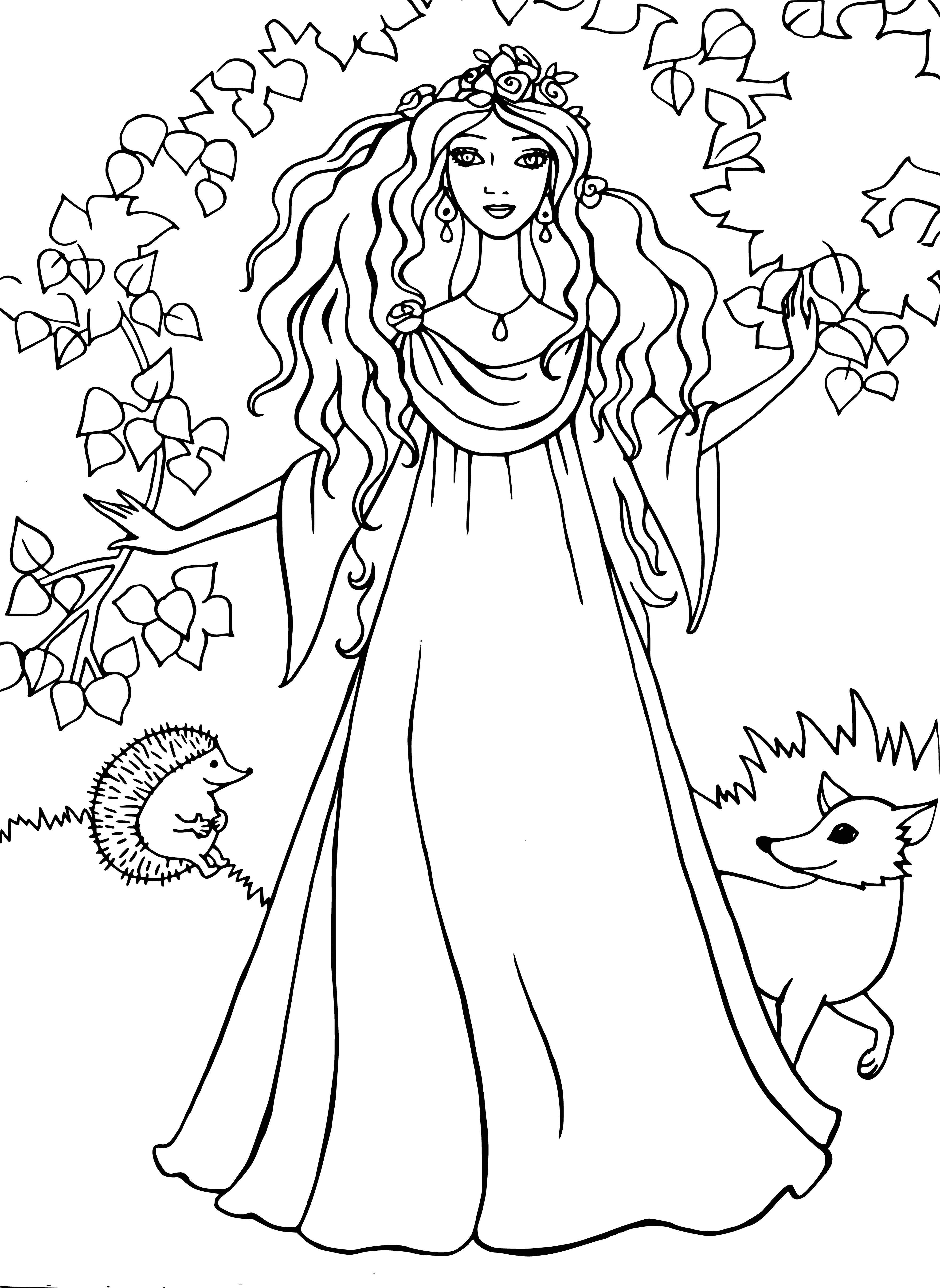 coloring page: Princess rules beautiful kingdom of young femailes in dresses & wings, living in castle of flowers. Relaxation time is spent at pond.