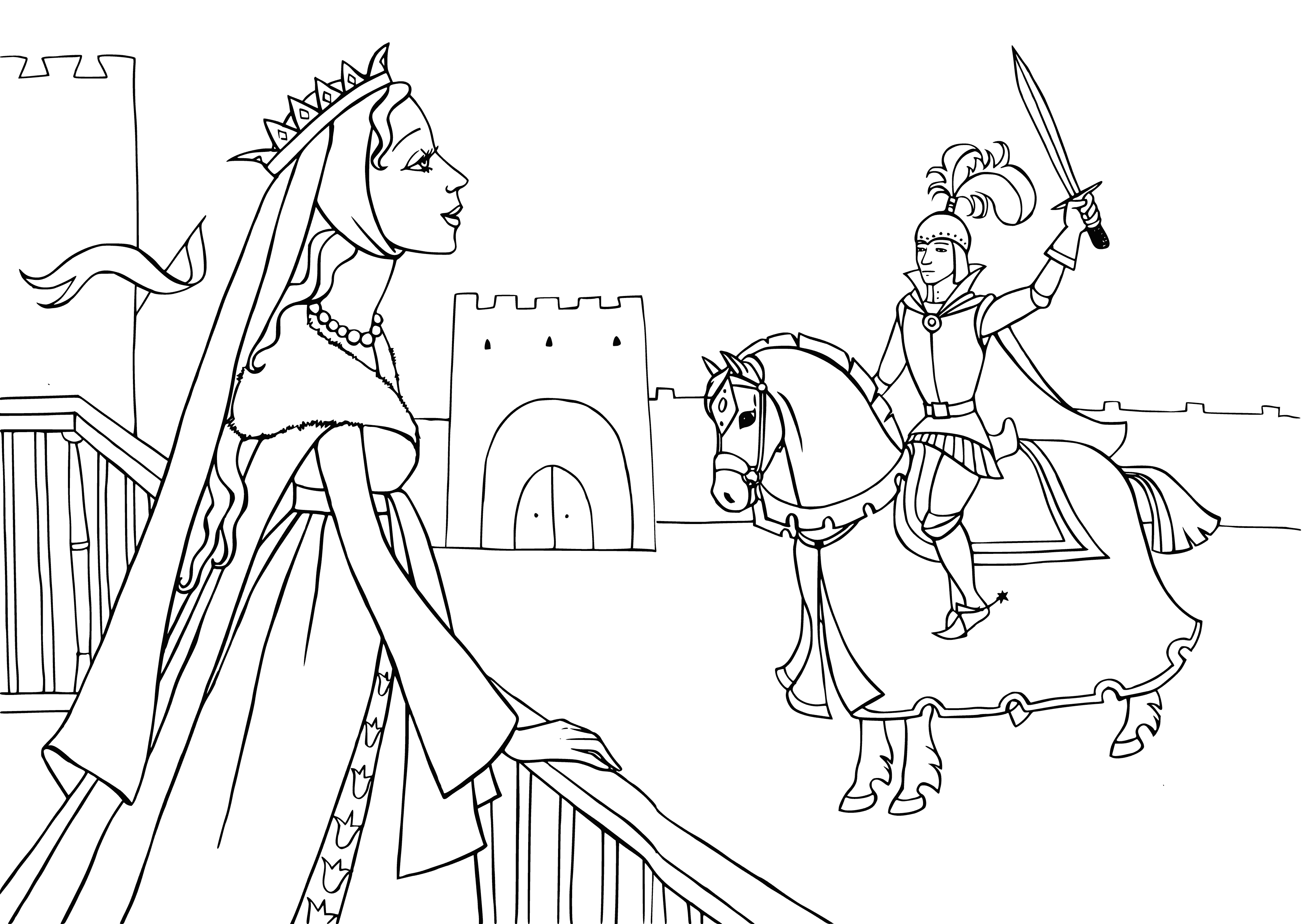 coloring page: Crowd cheers as two knights in white & black armor enter an arena and start a duel, with the first to draw blood declared the winner. The man in armor stands between them, ready to start the tournament. #Tournament #Duel #Knights