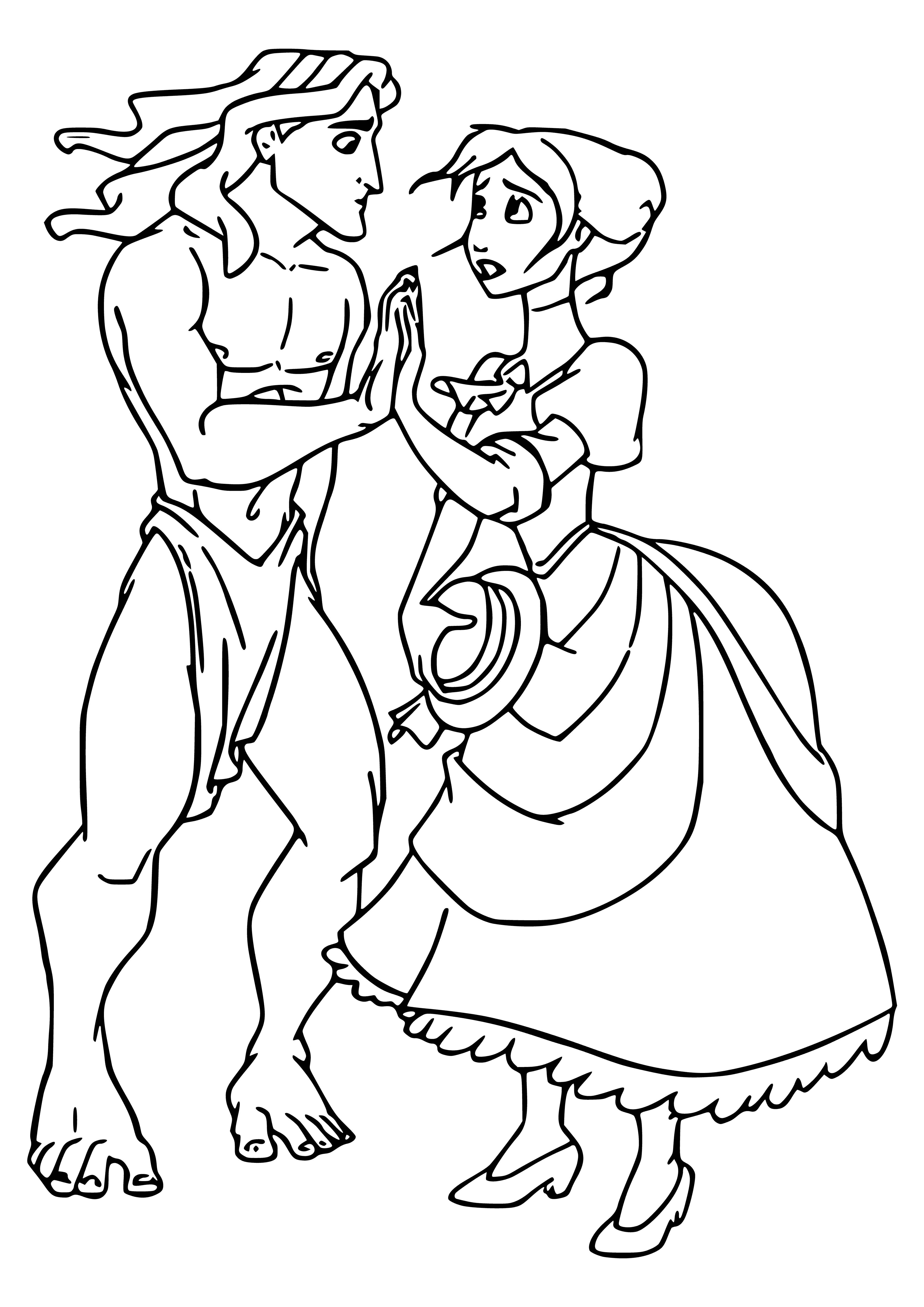 coloring page: A big, strong man covered in brown fur and wearing a loincloth swings through the trees with a leather whip, accompanied by a beautiful woman with blonde hair and blue eyes wearing a white dress.