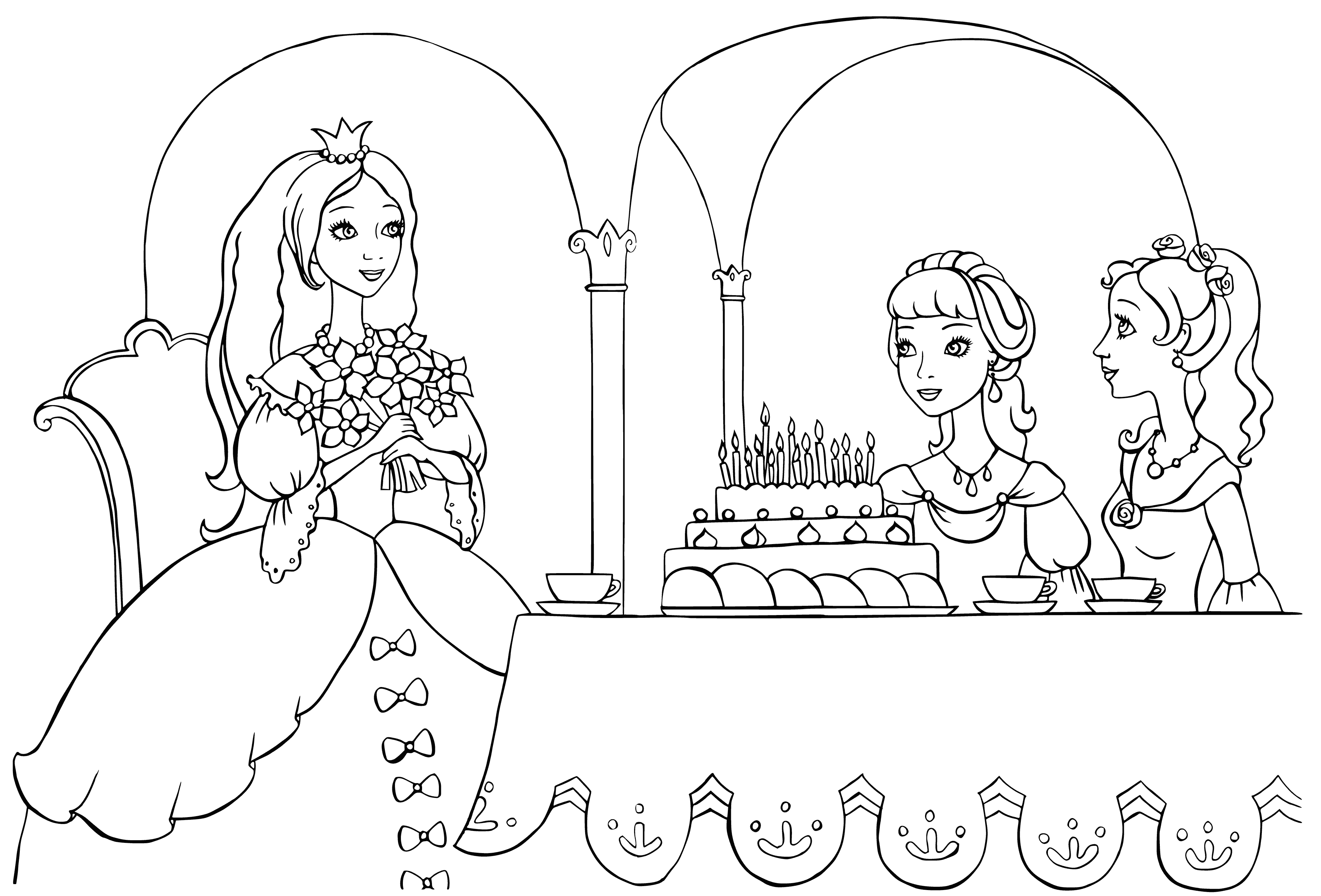 coloring page: Fairies gathered around a table for a birthday celebration with a cake, gifts, and brightly colored dresses. #fairies #birthday #celebration