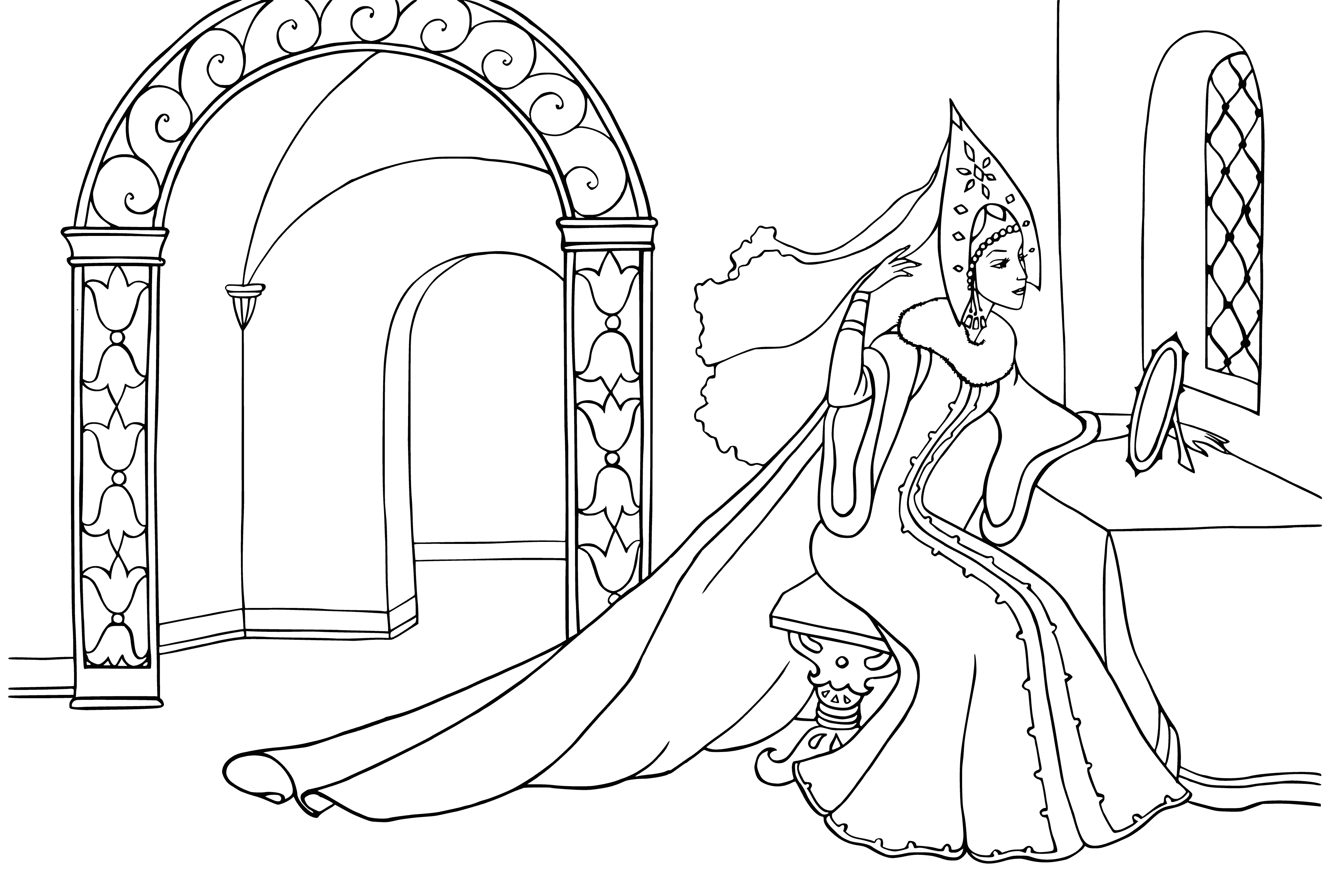 coloring page: Fairy with light blue skin & silver hair stands in front of mirror, wearing glittering dress, looking for something mysterious.