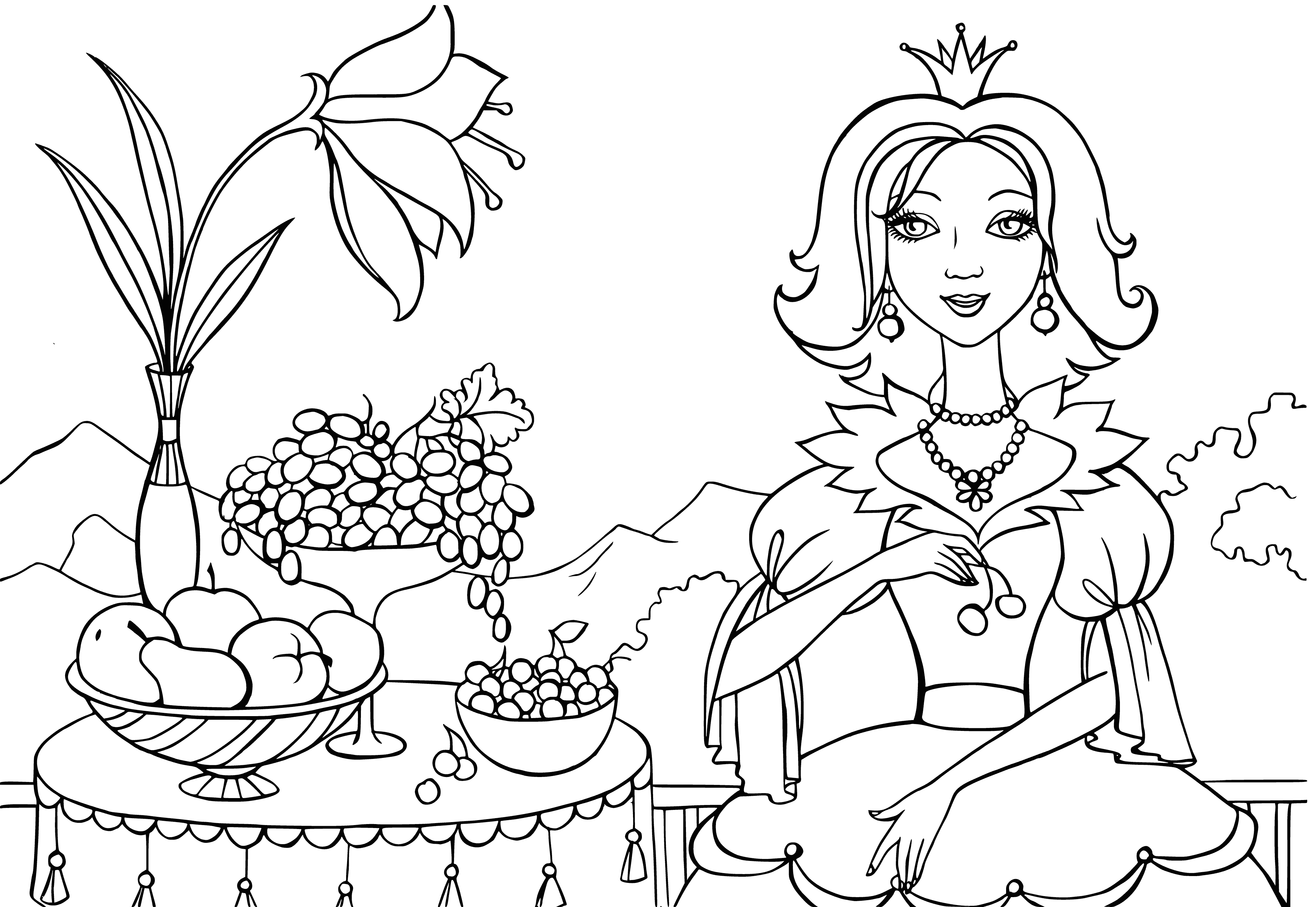 coloring page: Princess enjoys breakfast of a piece of toast, boiled egg, slice of ham, a ripe strawberry & cup of tea.