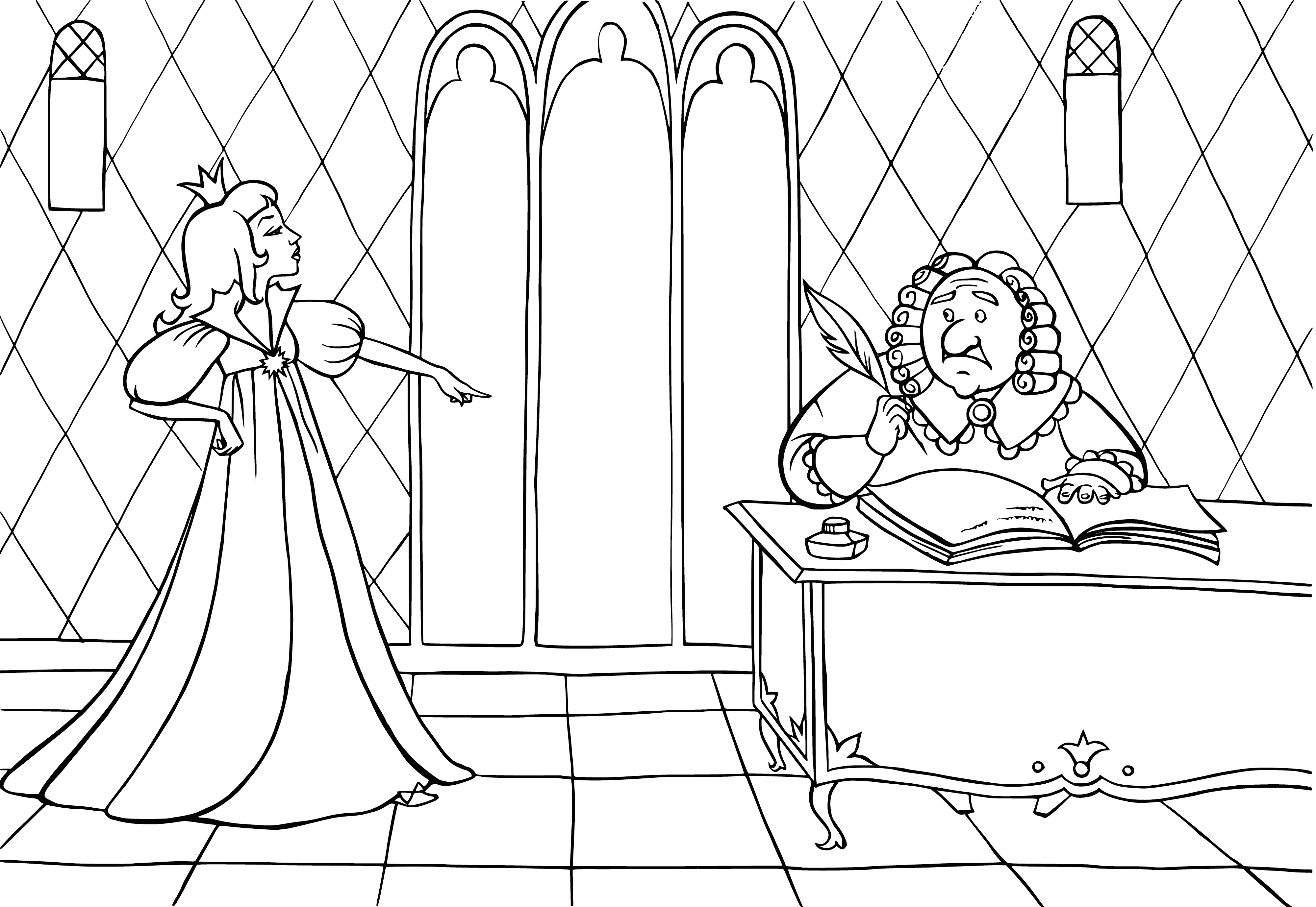 coloring page: A kingdom of fairies and colorful houses, with a grand castle in the center. Mountains, trees, and a lake surround the magical realm full of fairies flying and sitting on flowers.