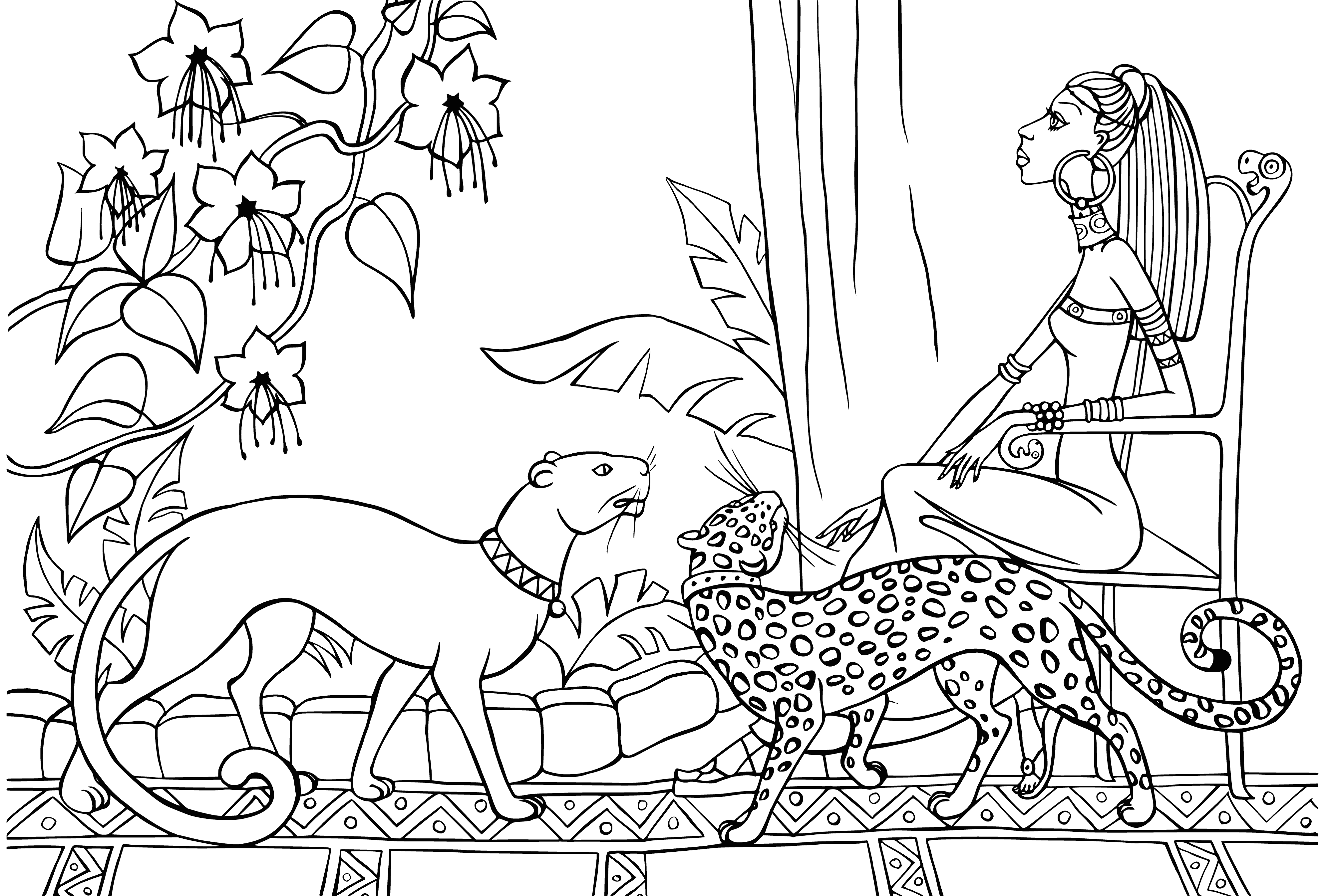 coloring page: A fairy kingdom with a pink, purple and light-purple dressed Egyptian princess, surrounded by fairies with pink, blue & purple wings and a castle in the background.