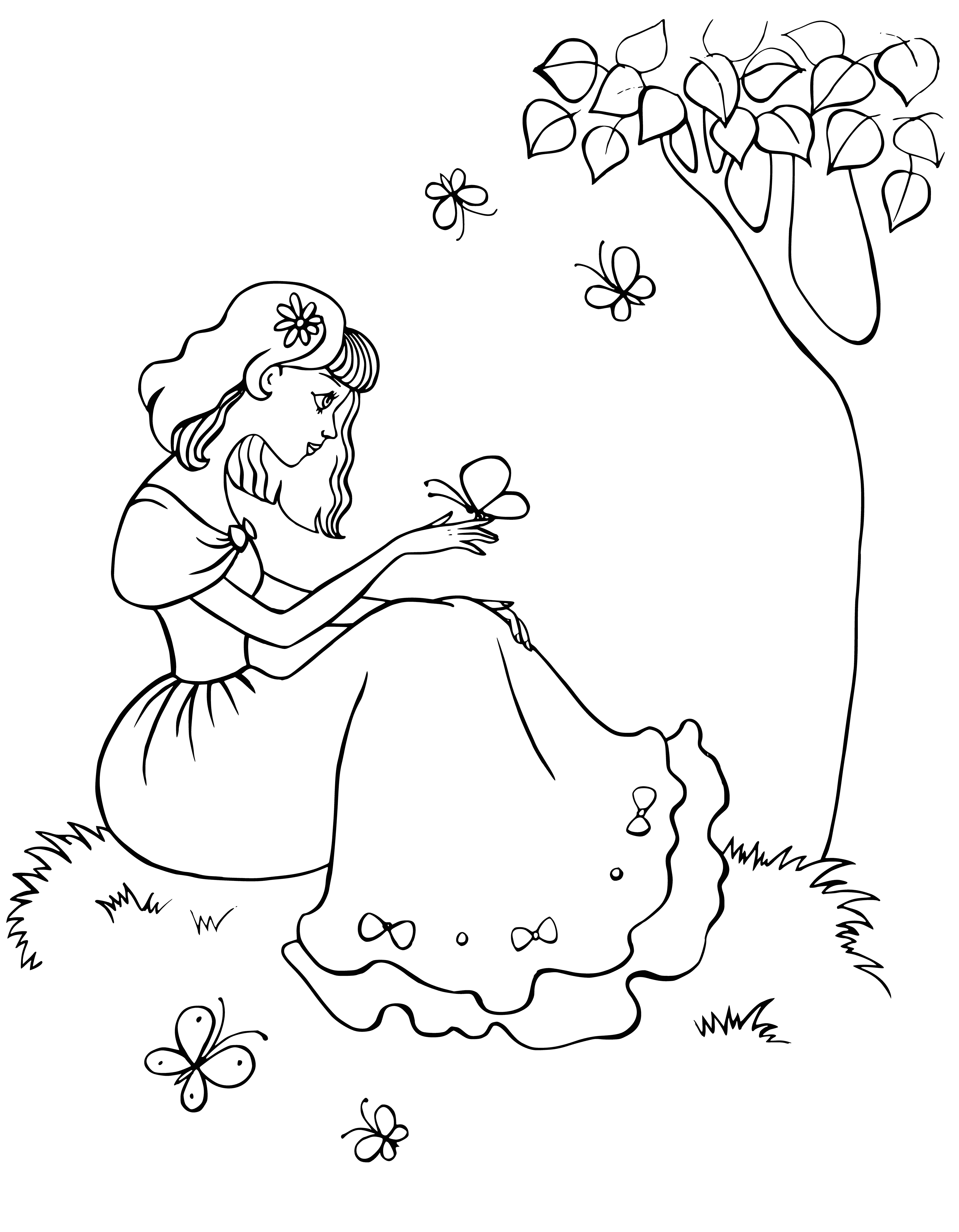 coloring page: Princess takes a peaceful stroll in her fairy kingdom enjoying the blooming flowers, surrounded by loyal subjects eager to please. #fairytale