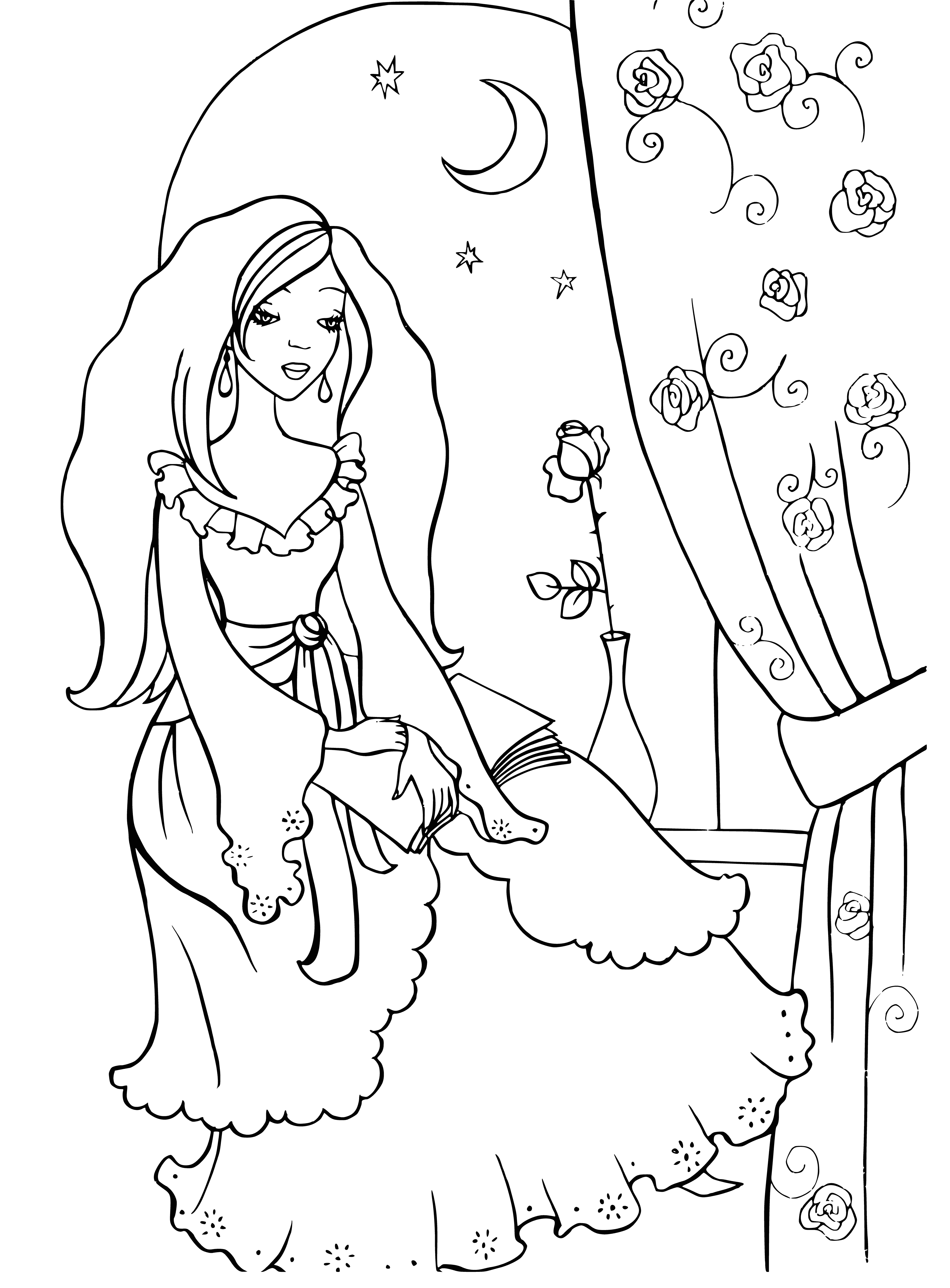 coloring page: Fairy kingdom is peaceful & beautiful with fragrant flowers, tall trees & warm air; fairy folk tend gardens & prepare for night.