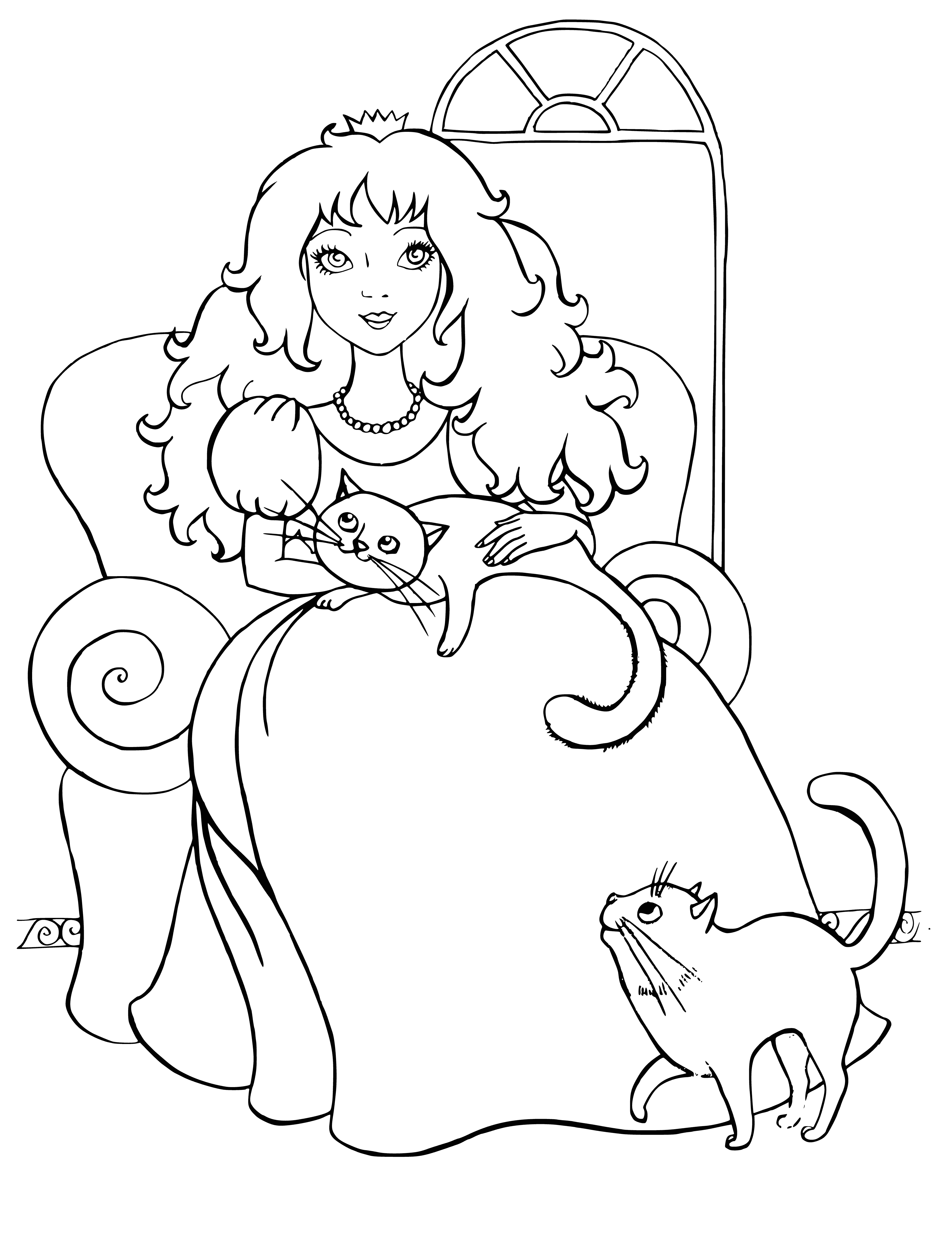 coloring page: Princess with tiara and kittens adoring her feet in a castle with turreted towers and stained glass windows.