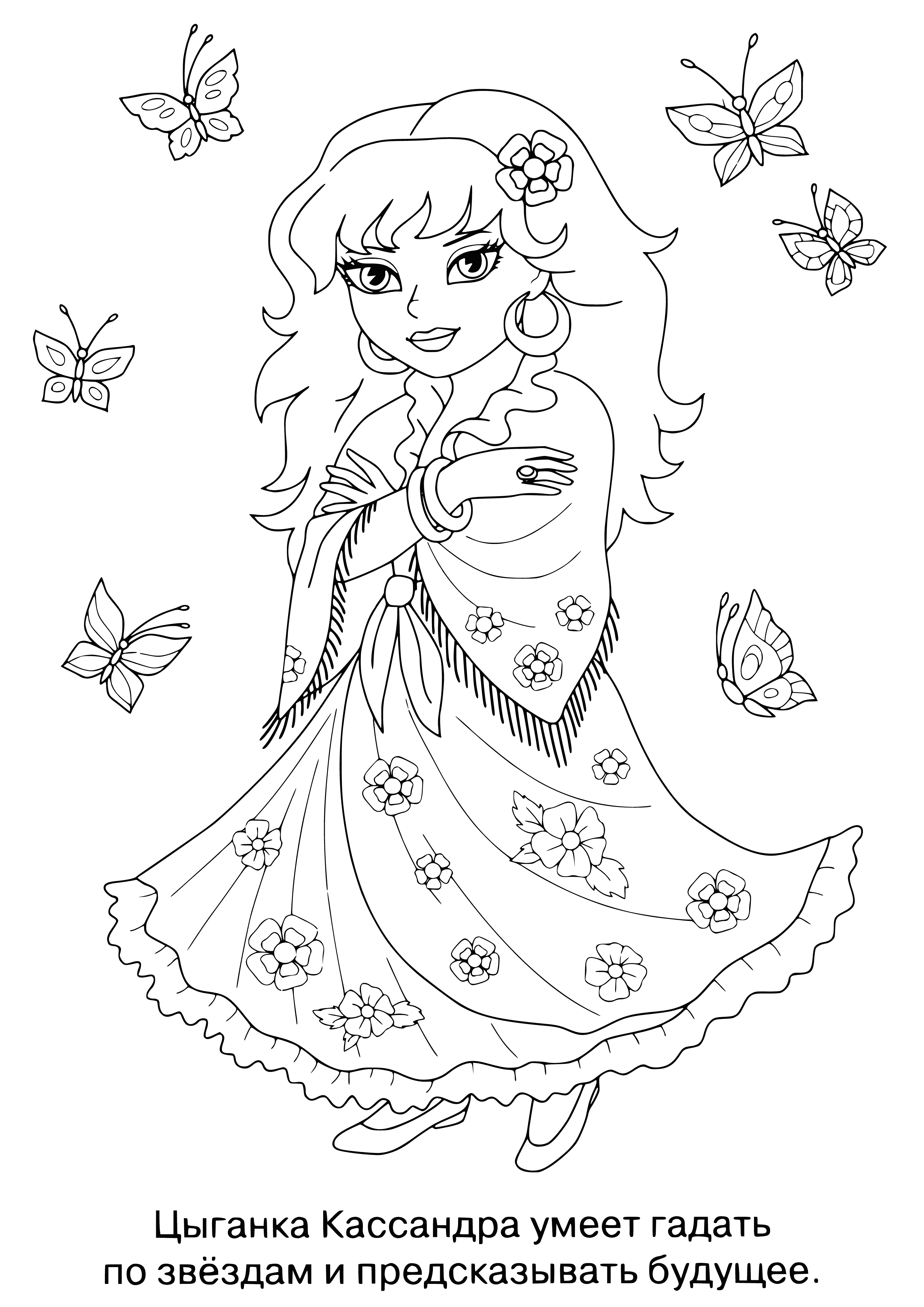 coloring page: Little girl in a colorful dress and scarf surrounded by cats, leaning on a tree.