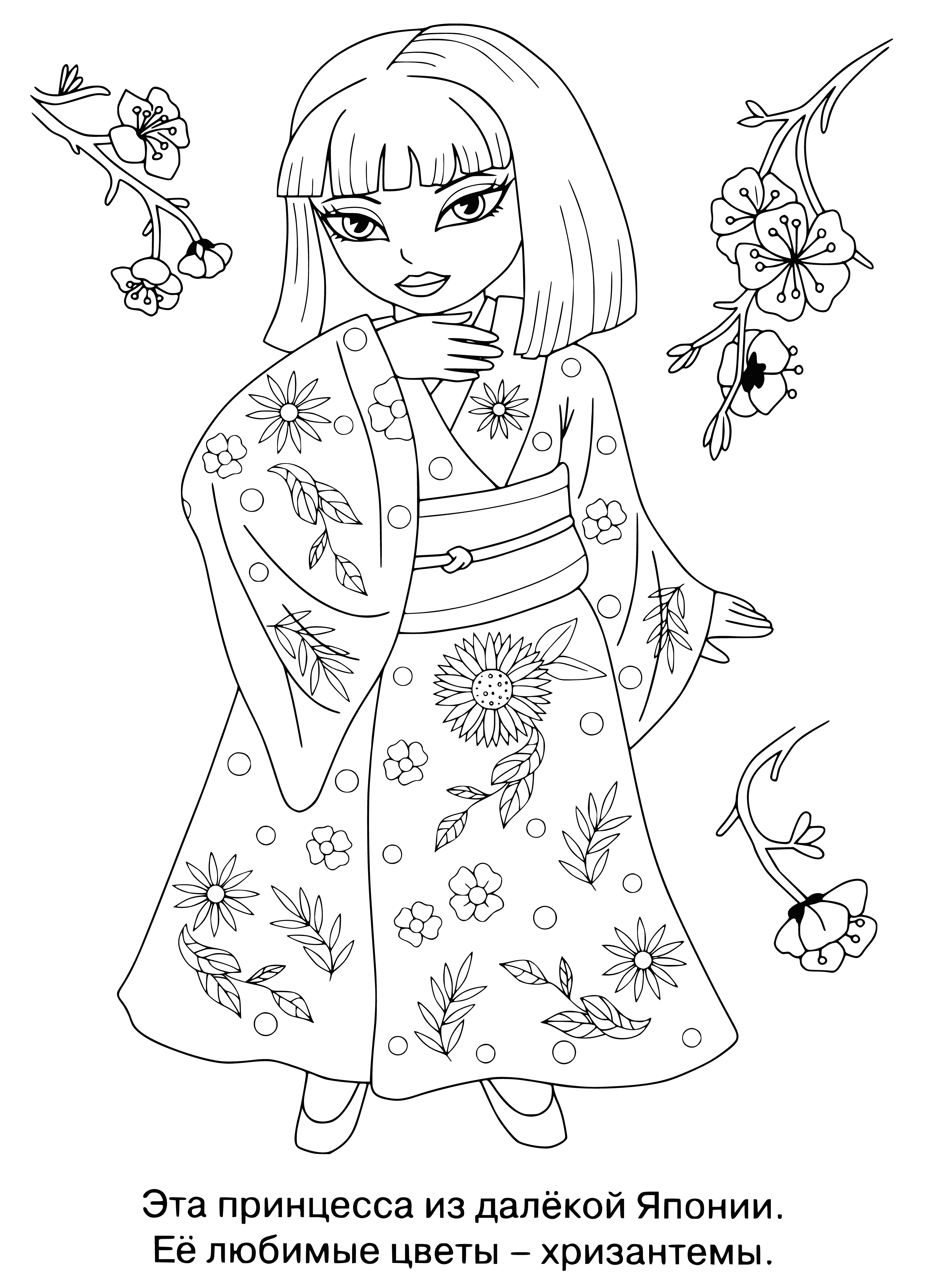 coloring page: Little princess from Japan wearing pink dress, white headband, black belt w/gold buckle, pink fan, standing in front of gate w/Japanese flag.