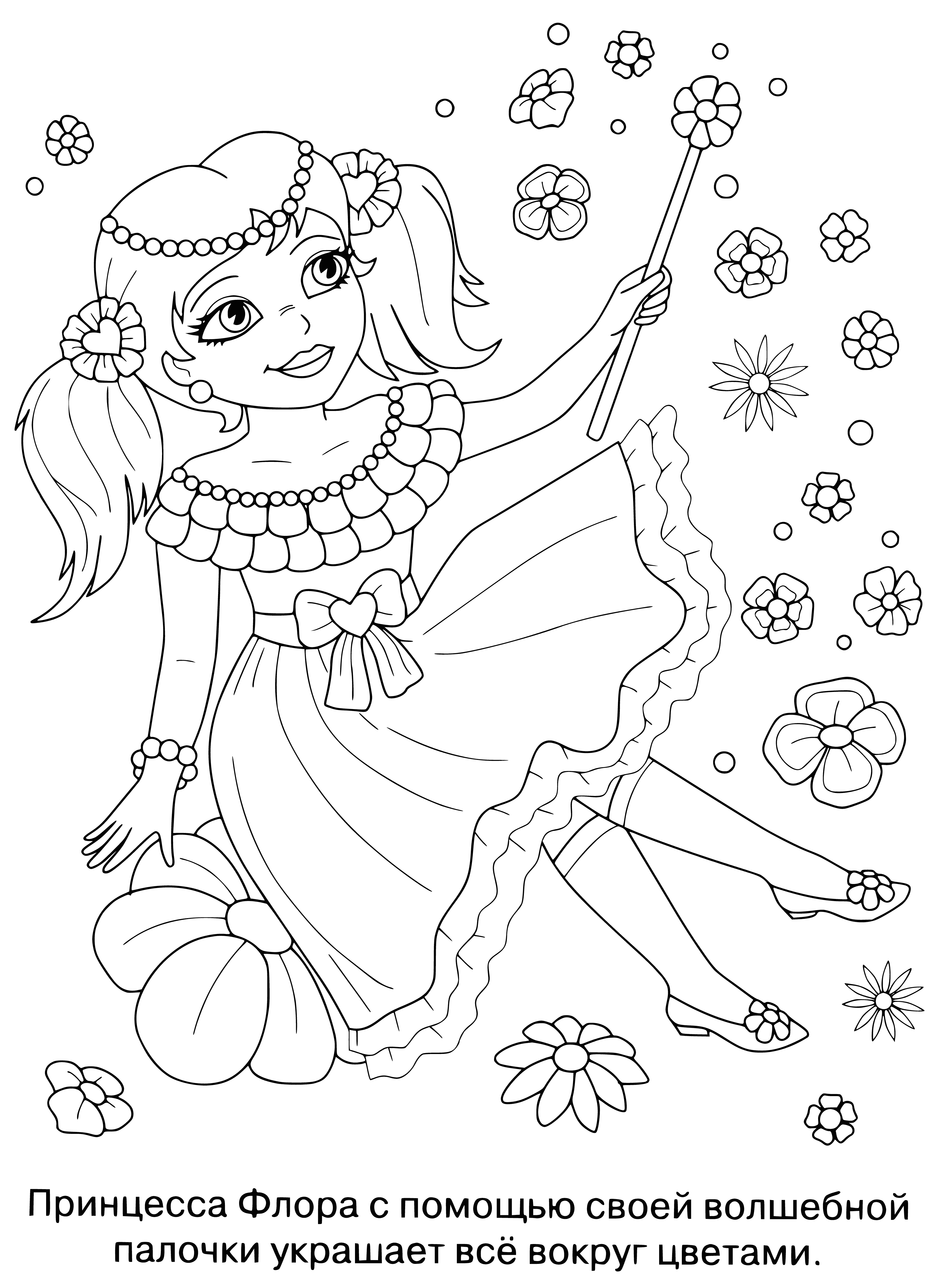 coloring page: Princess Flora stands in her garden, adorned in pink and purple with a wand in hand, ready to cast a magical spell.