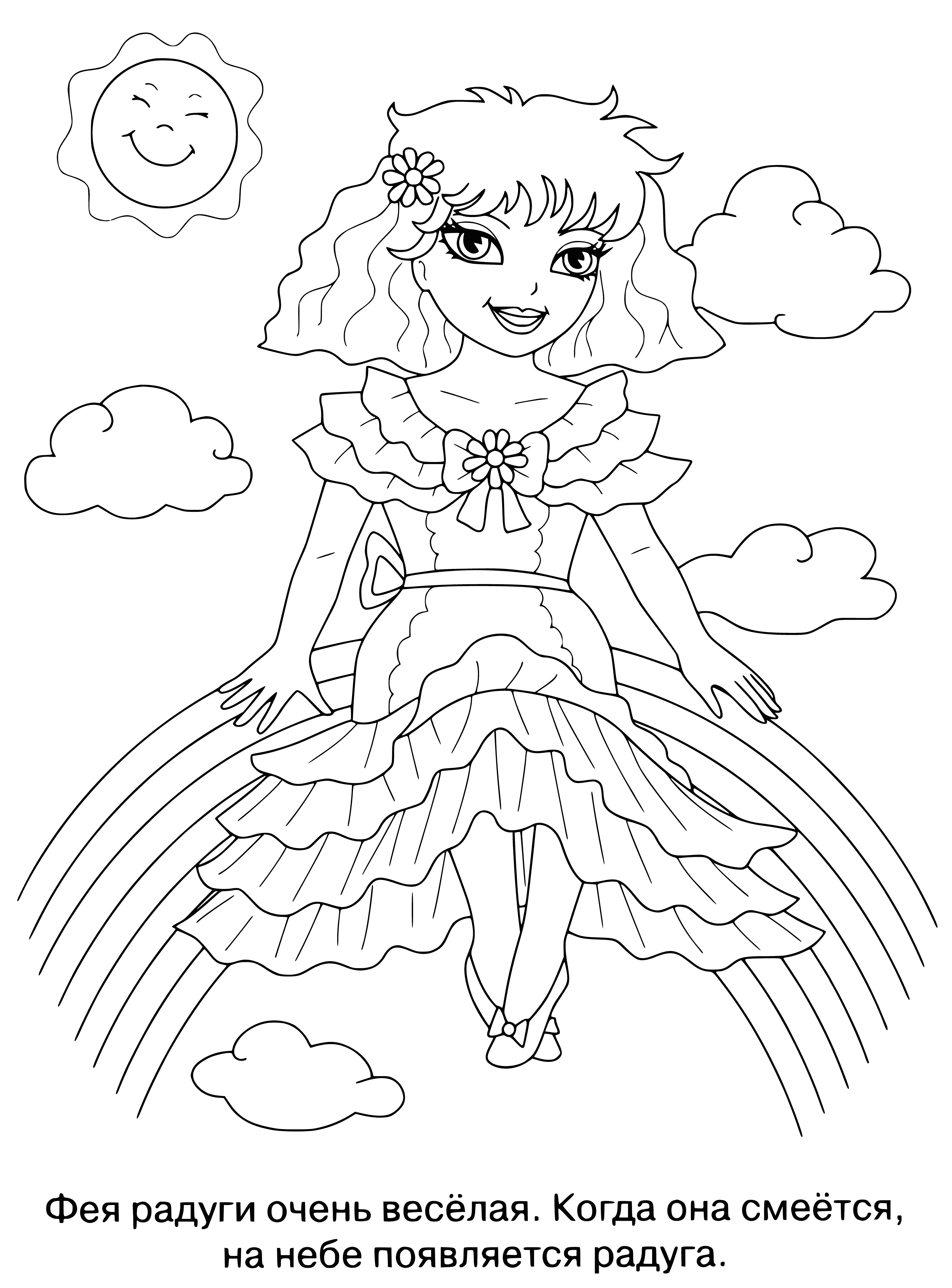 coloring page: Fairy in the center of a color page surrounded by creatures & animals; a unicorn, dragon, frog, butterfly & more, colorful & in a forest with a wand & rainbow.