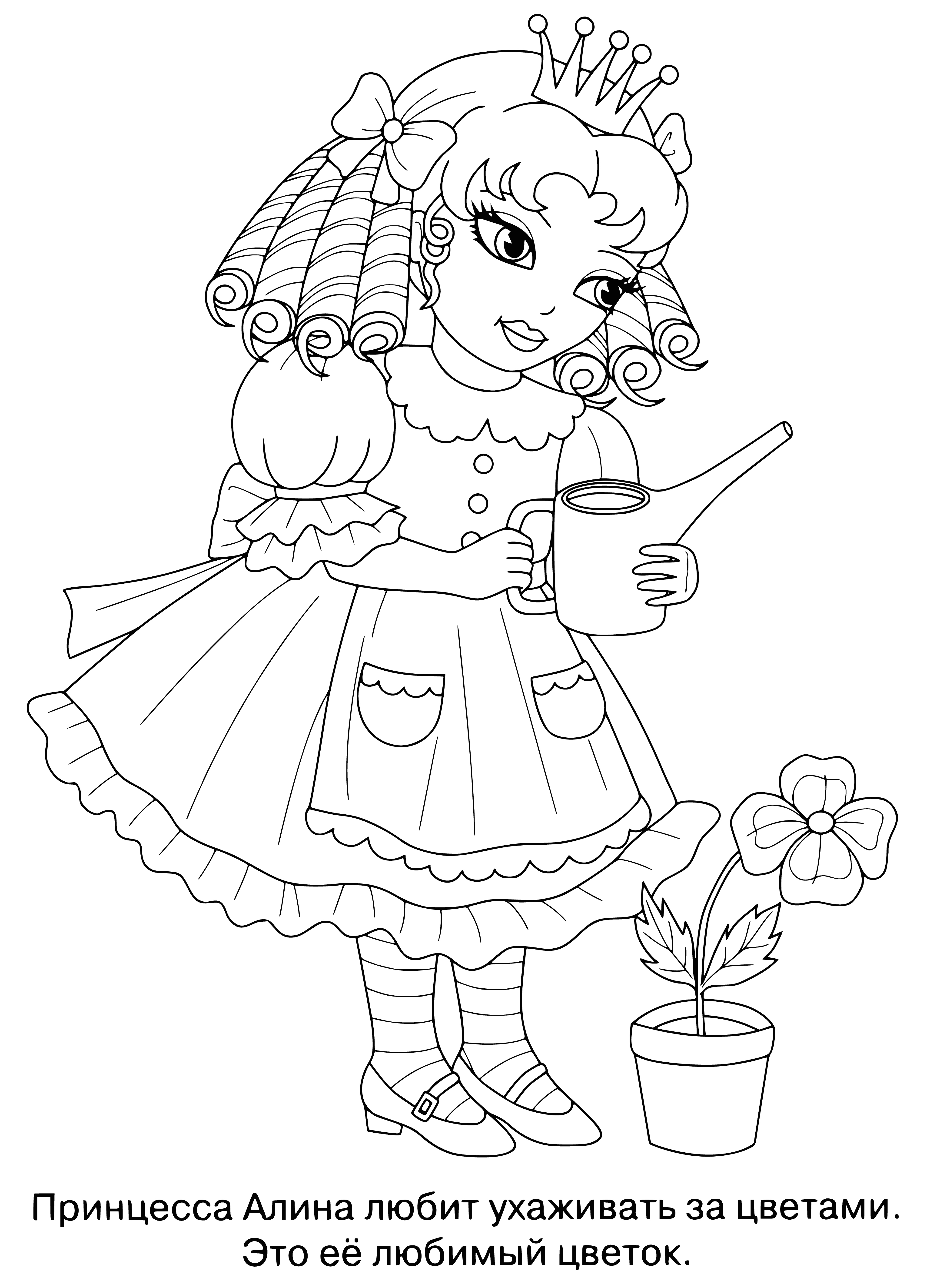 coloring page: Alina is happily playing tea time in her castle bedroom surrounded by her toys, wearing a crown and a pretty dress. #LittlePrincess