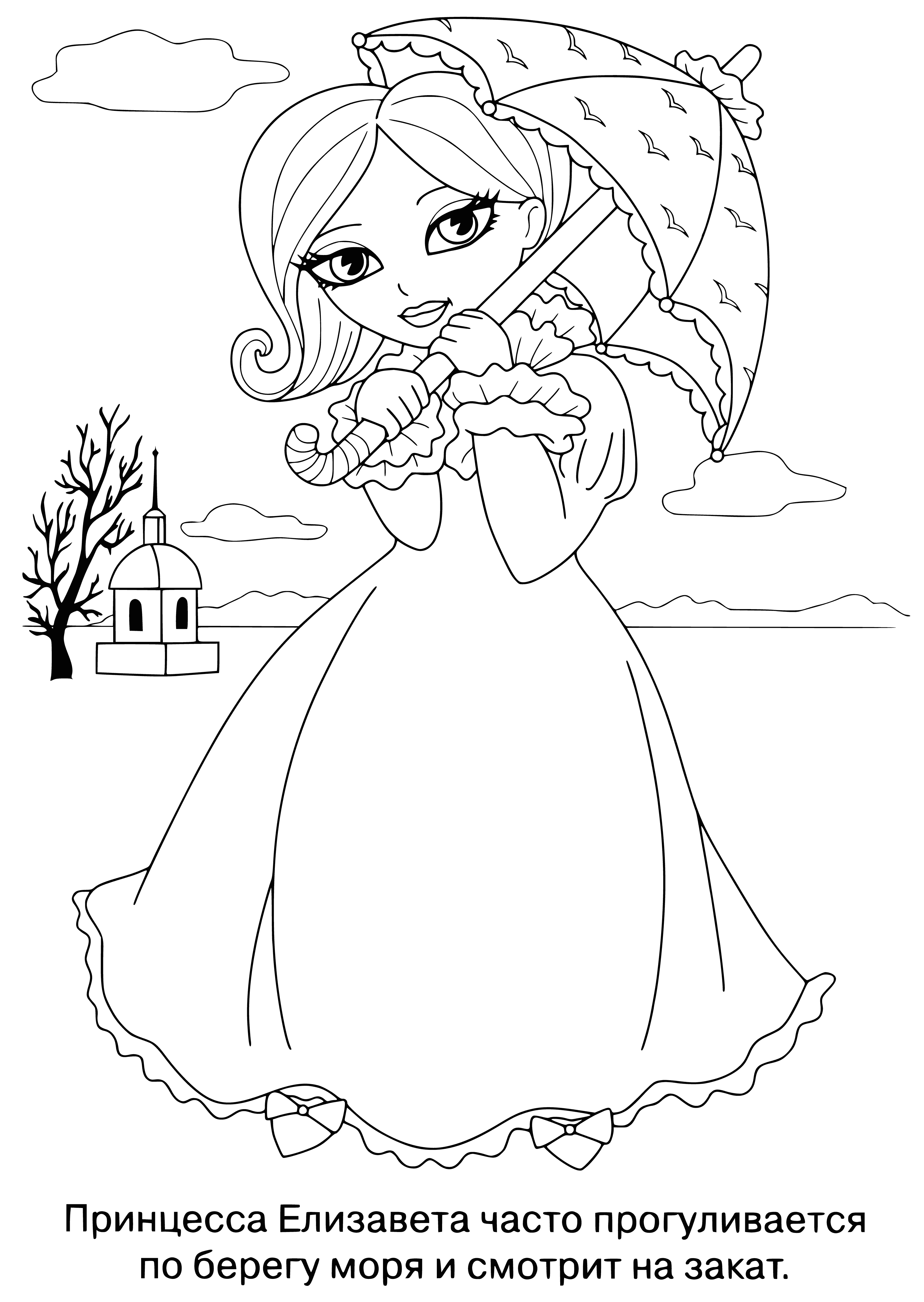 coloring page: Princess Elizabeth stands in a flowery field, with a bird in flight close by. #coloringpages
