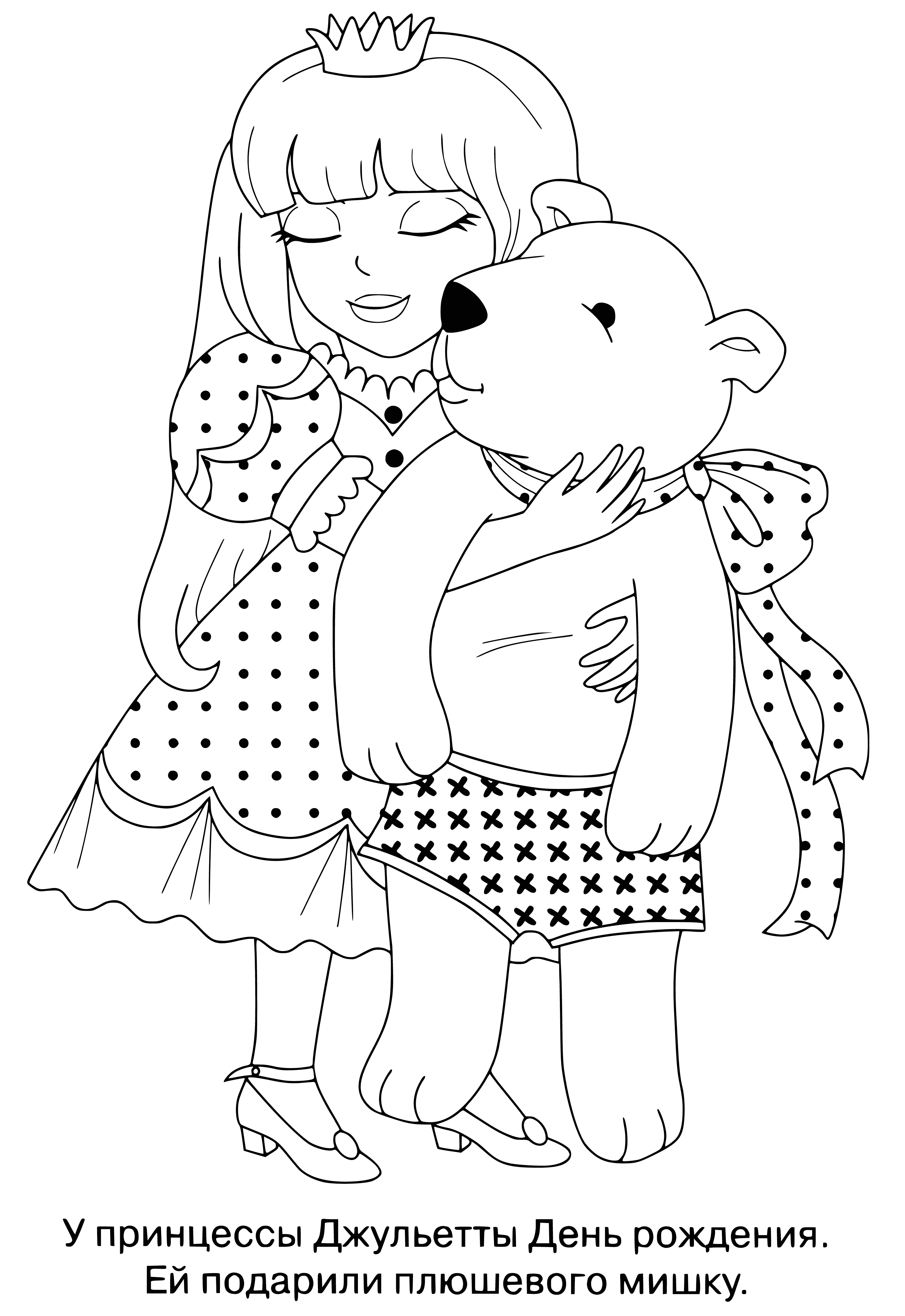 coloring page: Princess Juliet holds a flower and wears a crown, bow-adorned dress in a coloring page. #coloringpage #princessjuliet