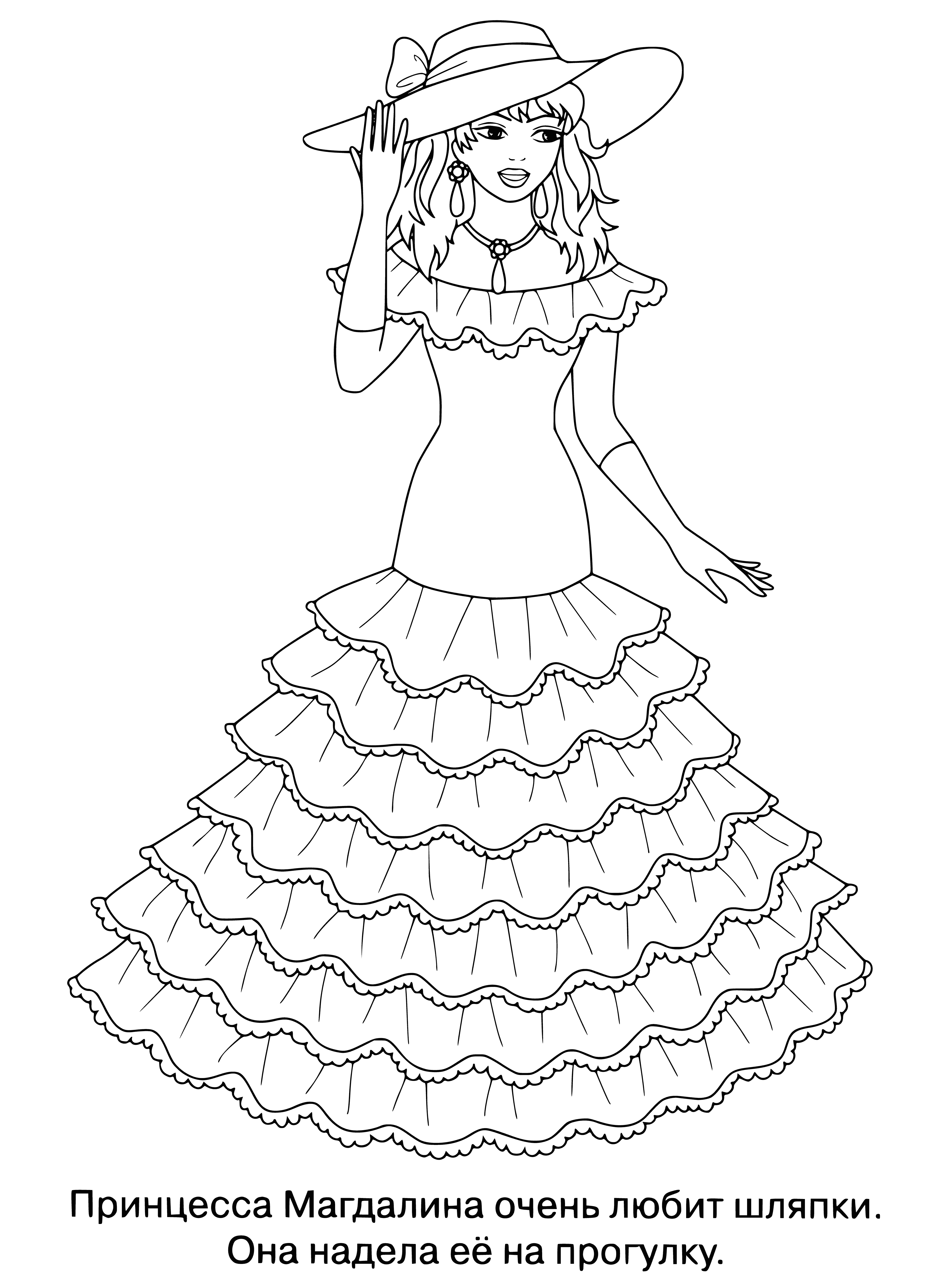 coloring page: Princess Magdalene sits on a throne, wearing a crown & a pink dress, with a book, candle and rose in front of her. She has a serious expression.