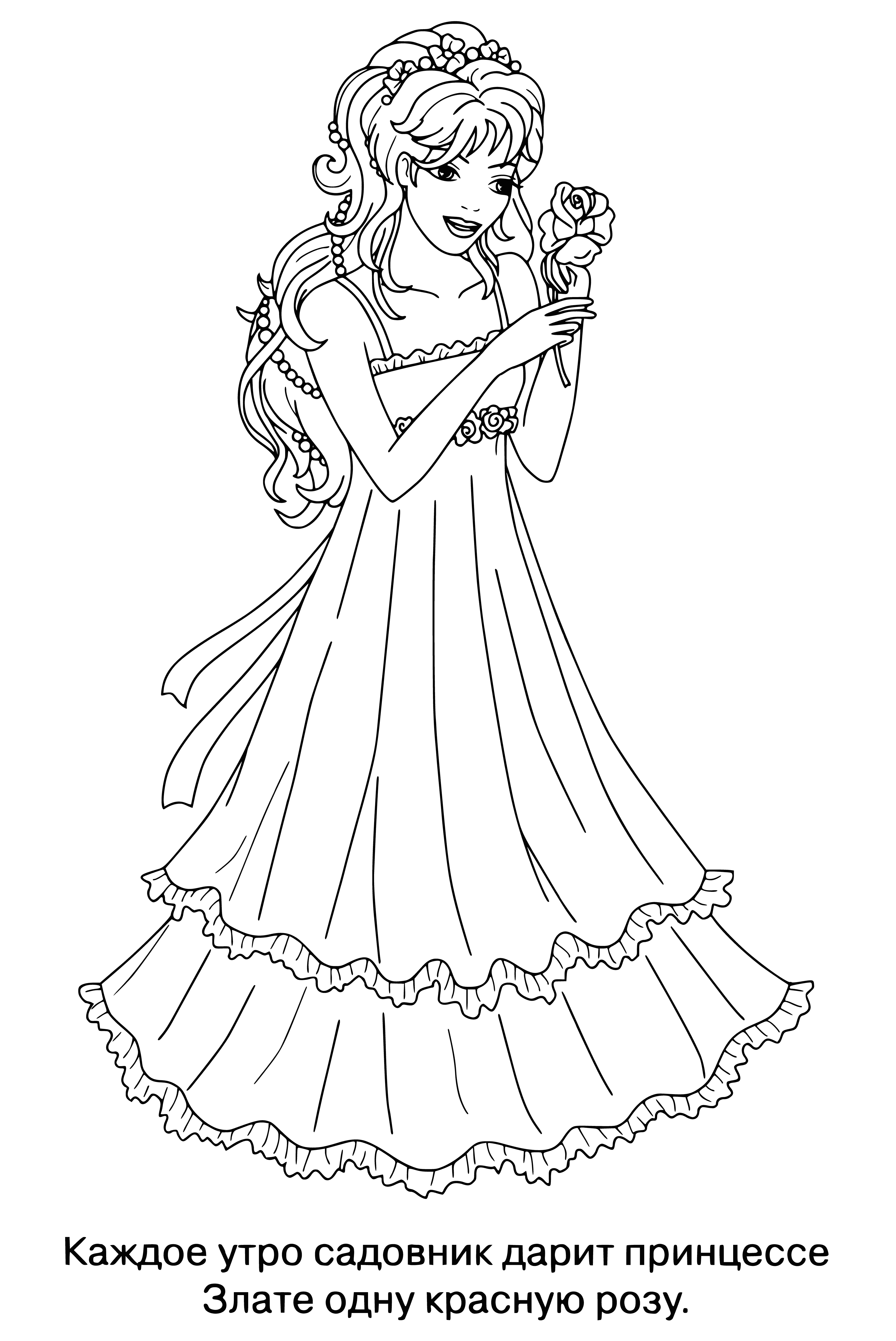 coloring page: Princess in pink dress with crown stands in front of castle with blue sky and white clouds.